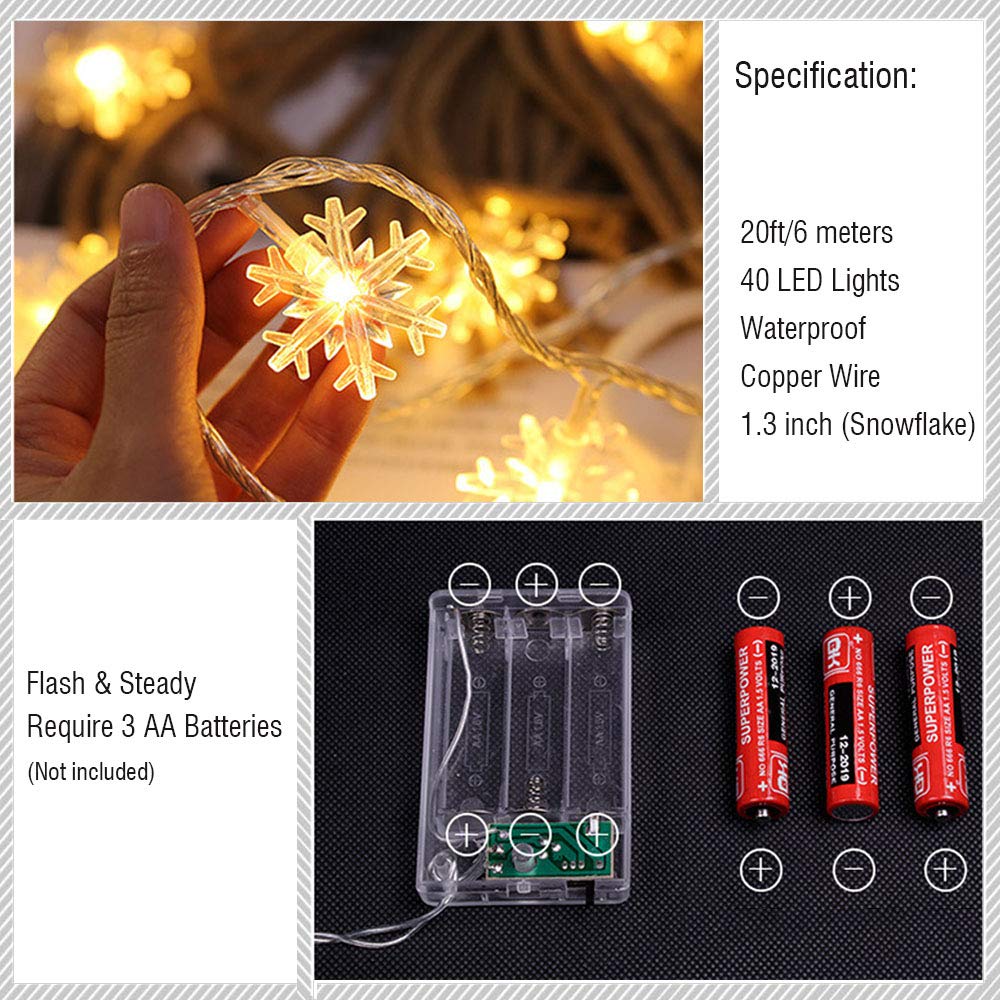 WesGen 20ft Snowflake String Lights - 40 LED Battery Operated Waterproof Fairy Lights for Christmas, Garden, Patio, Bedroom & Party Decor (Warm White) | Indoor & Outdoor Holiday Decoration