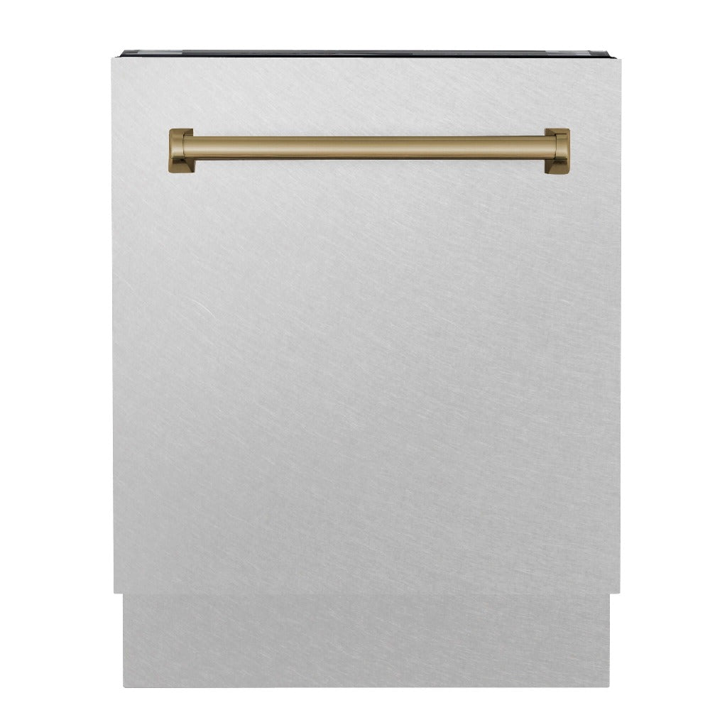 ZLINE Autograph Edition 24-inch Built-In Tall Tub Dishwasher with 3rd Rack - Satin Stainless Steel Panel & Champagne Bronze Handle - 51dBa Ultra Quiet (DWVZ SN 24 CB) - Perfect for Modern Kitchens and Open-Concept Homes