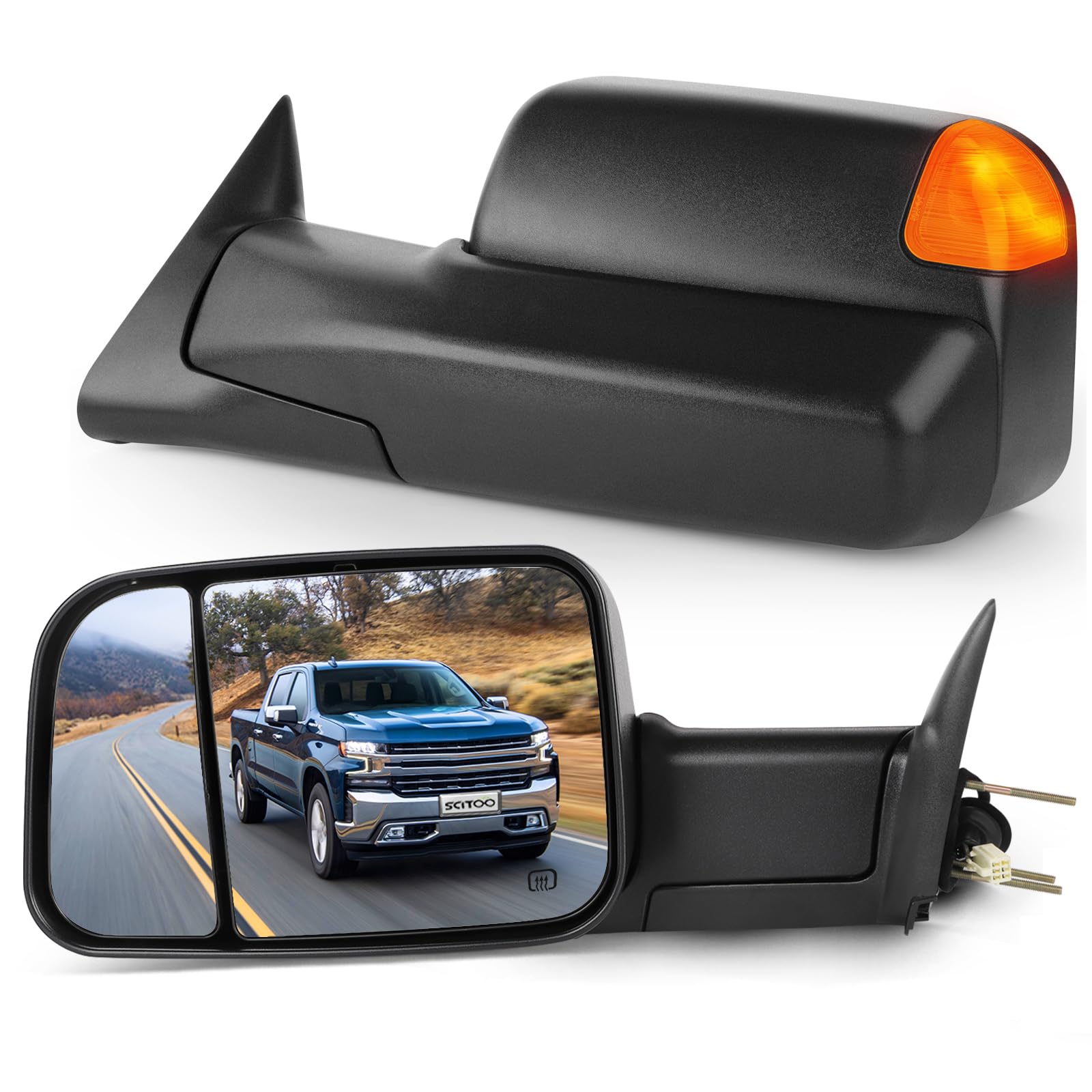SCITOO Power Control Heated Towing Mirrors with Turn Signal - Black Manual Folding Flip-Up Tow Mirrors Replacement for 1998-2002 Dodge Ram Trucks (Pair) - Perfect for Off-Roading, Towing & Enhanced Visibility