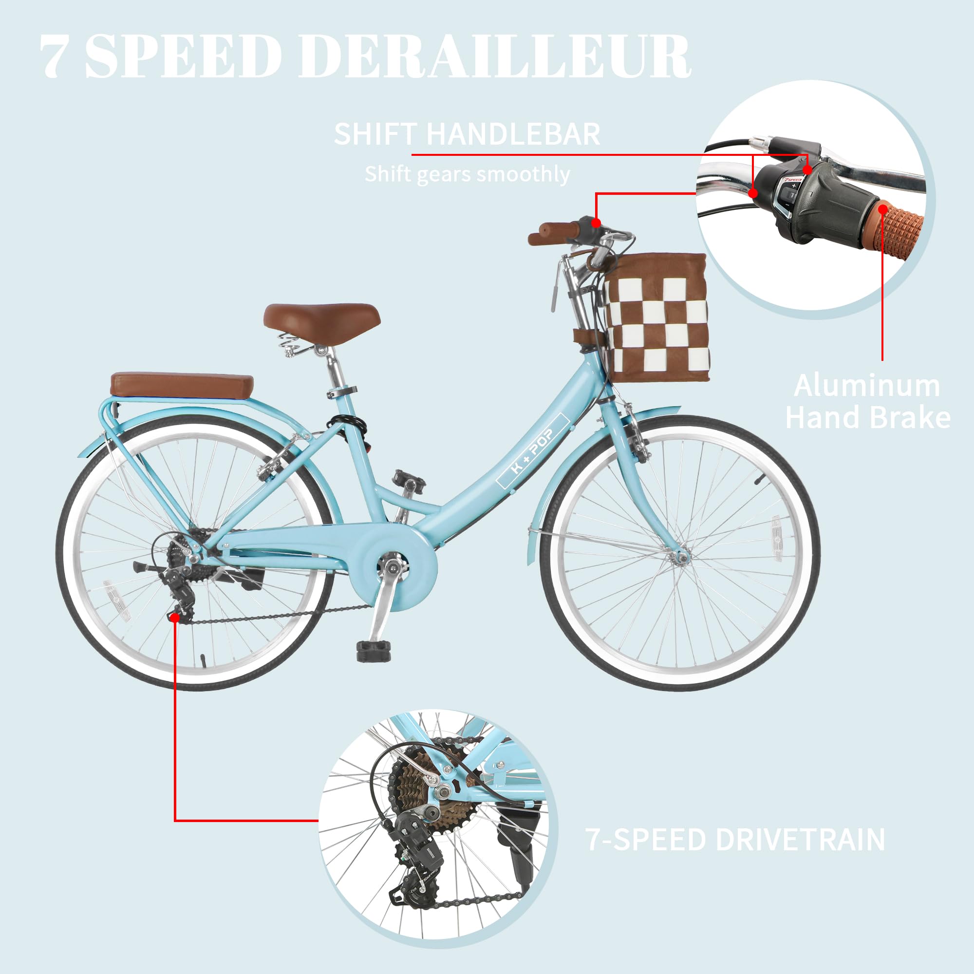 24-Inch Women's Beach Cruiser Bike with Front Basket - 7-Speed Commuter Bicycle for Ladies, Classic Streamlined Design - Perfect for City Riding, Fitness Exercise & Coastal Vacations