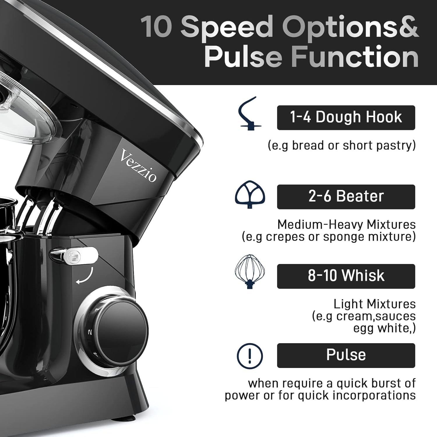 Vezzio 660W 10-Speed Tilt-Head Stand Mixer with 9.5 Qt Stainless Steel Bowl - Dishwasher Safe Attachments for Baking, Whipping, Kneading Dough - Perfect for Cakes, Cookies, Bread Making in Home Kitchens (Black)