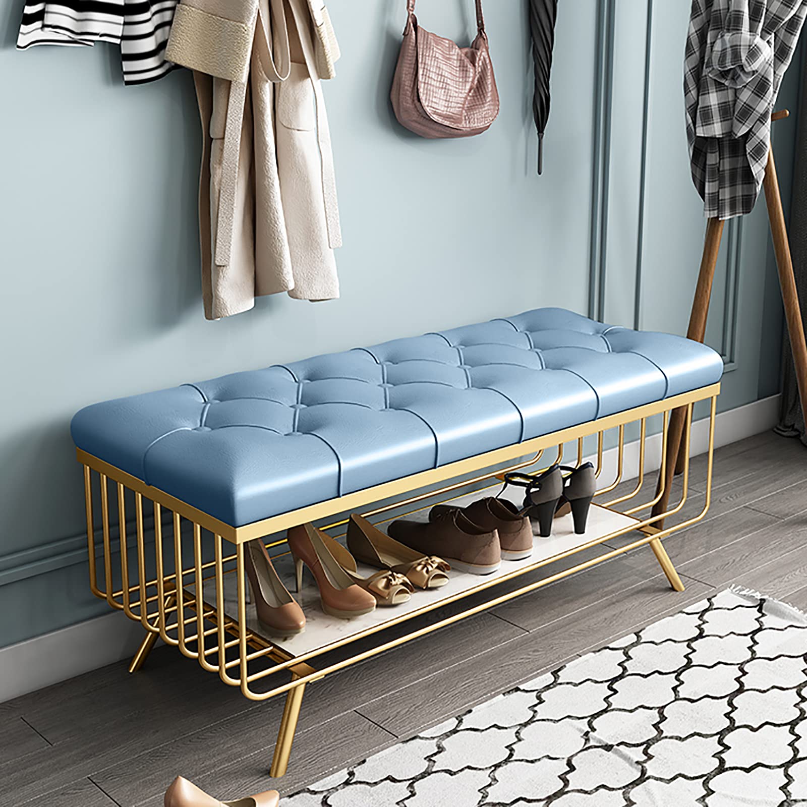 Premium Modern Shoe Bench with PU Leather Seat - Marble & Metal Shoe Rack Organizer - Entryway, Porch, or Bedroom Storage Bench - Blue (60x35x45cm/24x14x18in) - Perfect for Small Spaces & Home Organization