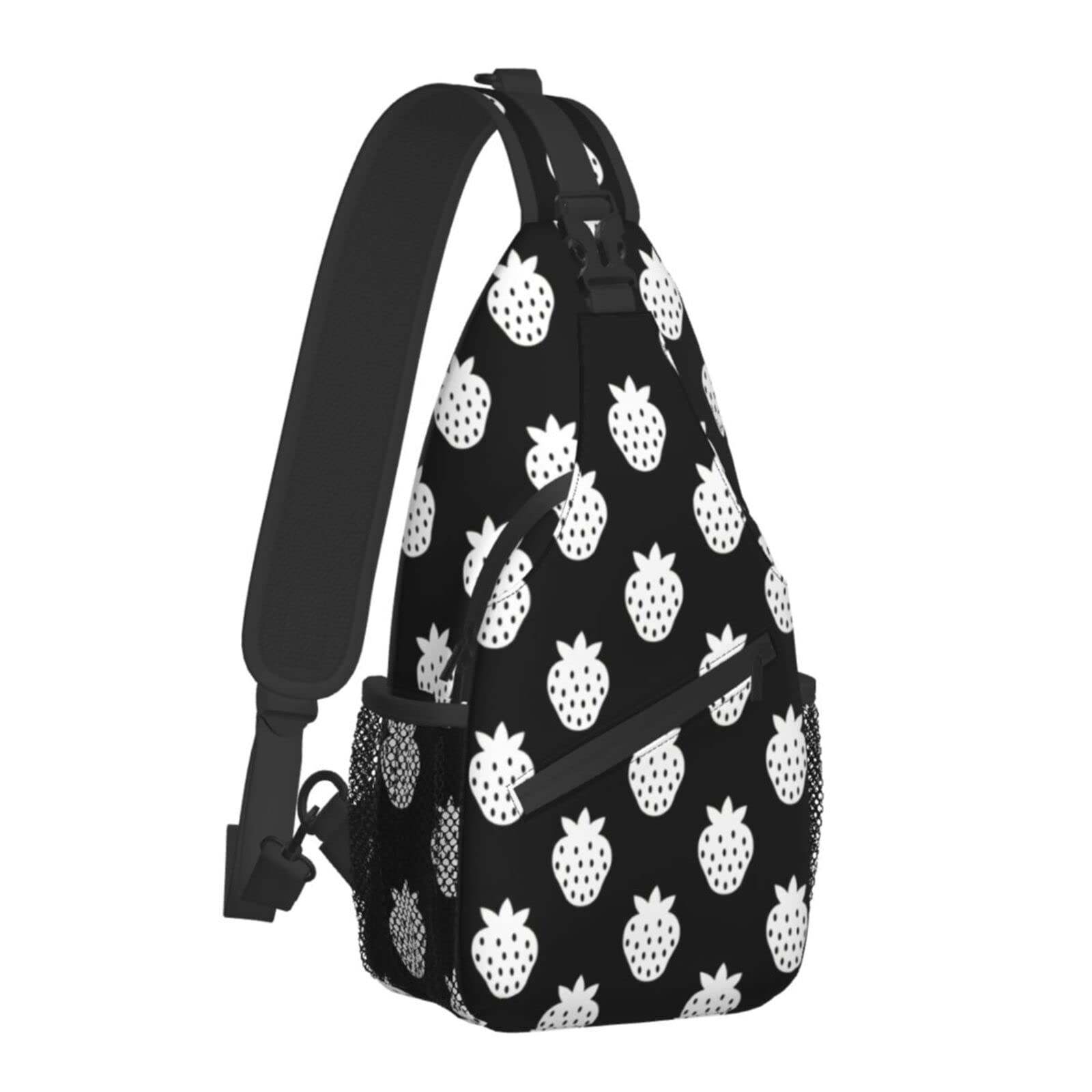 Black and White Strawberry Print Sling Bag for Women & Men - Crossbody Shoulder Bag, Casual Chest Backpack for Travel, Hiking & Outdoor Activities | Perfect for Day Trips, Shopping & Daily Use