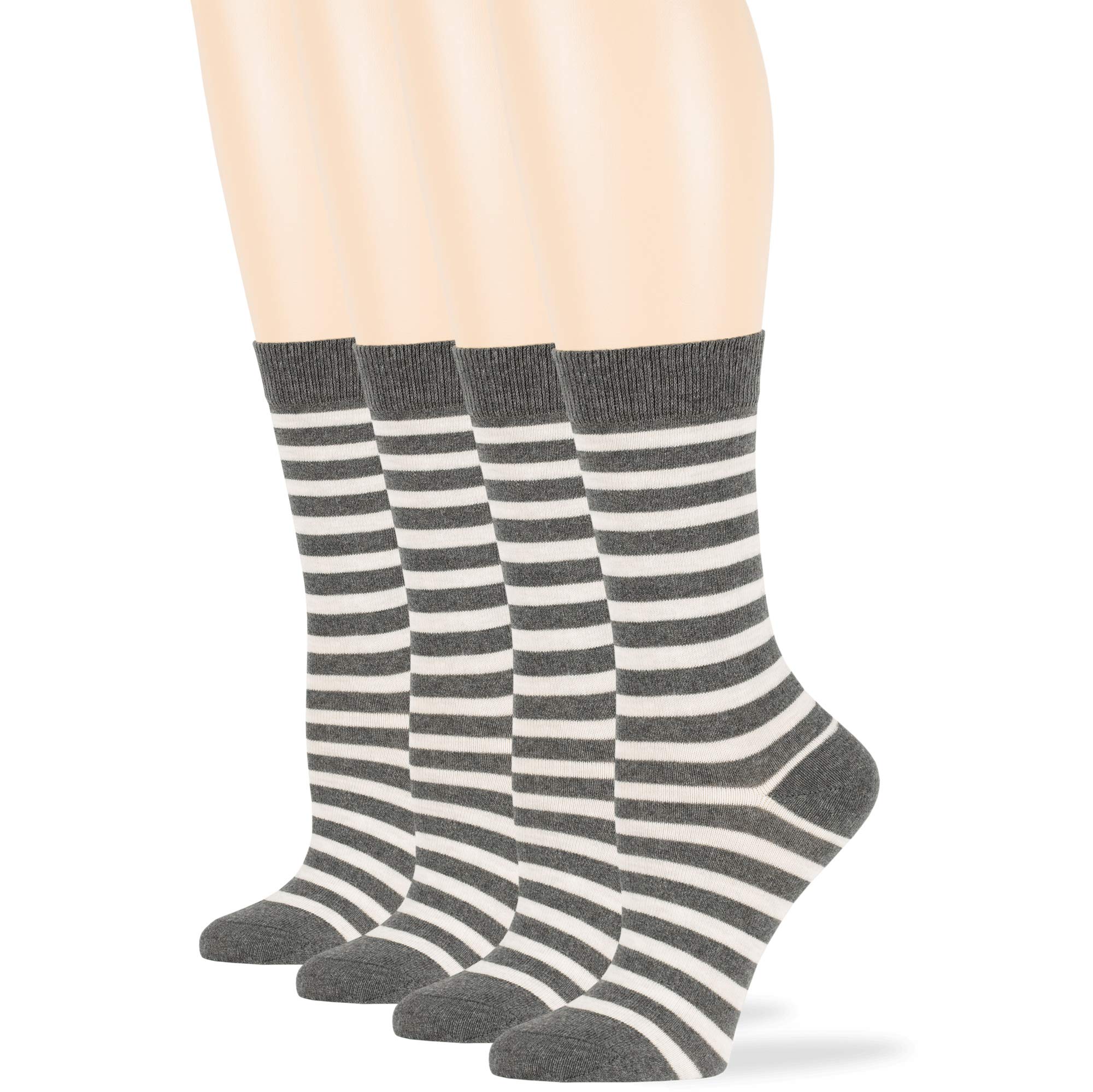 7BigStars Women's Cotton Crew Socks 4-Pack - Striped Casual Dress Socks in Assorted Colors (Black, Brown, Blue, Grey, Beige, Khaki, Olive Green) - Soft Comfortable Everyday Socks for Work, Office & Home Wear