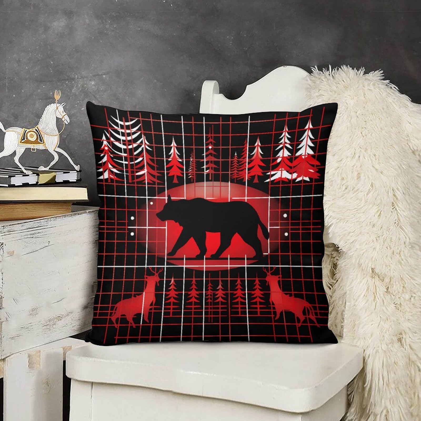 ITFRO Set of 2 Bear & Deer Plush Throw Pillow Covers - 18x18 Inch Retro Forest Animal Farmhouse Decor for Sofa, Bed, Living Room - Nature Wildlife Bonfire Pine Tree Design - Perfect for Rustic Cabin, Lodge & Cozy Home Decor