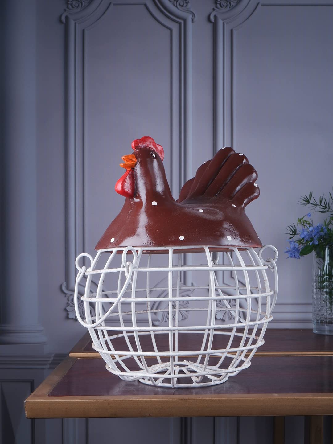 Red Resin Egg Basket with Intricate Woven Design - Elegant White Ink Decor Showpiece for Easter, Home Decor & Table Centerpiece