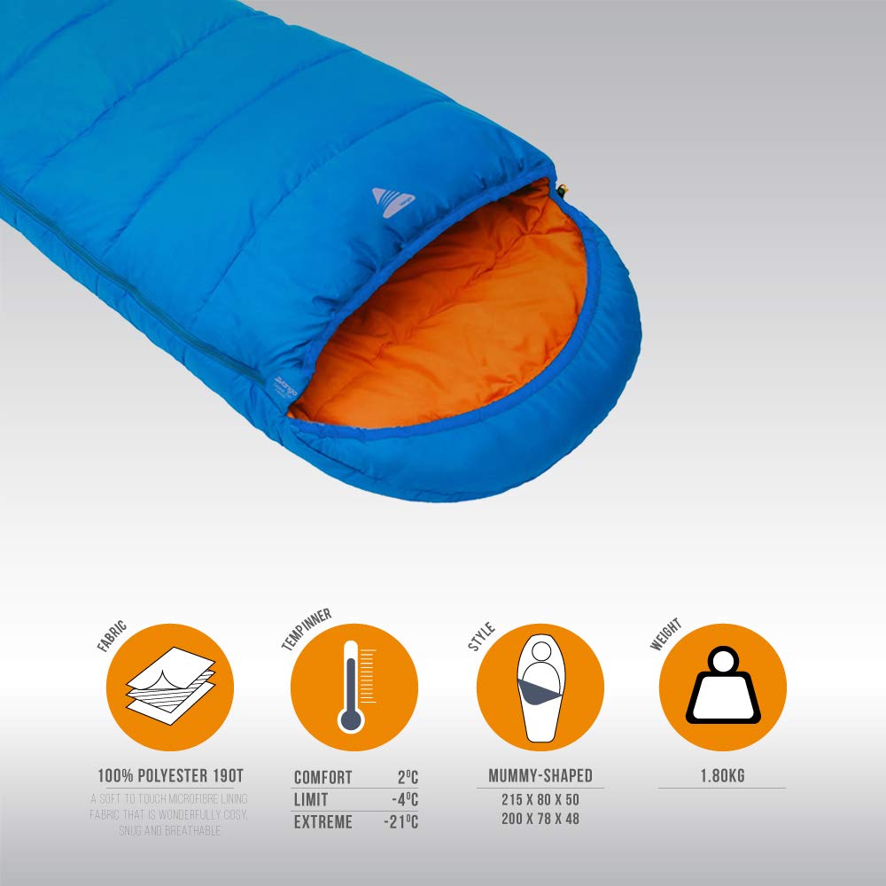 Vango Cadair 250 Mummy Sleeping Bag - Lightweight & Waterproof for Camping, Hiking & Backpacking - Atlantic Blue
