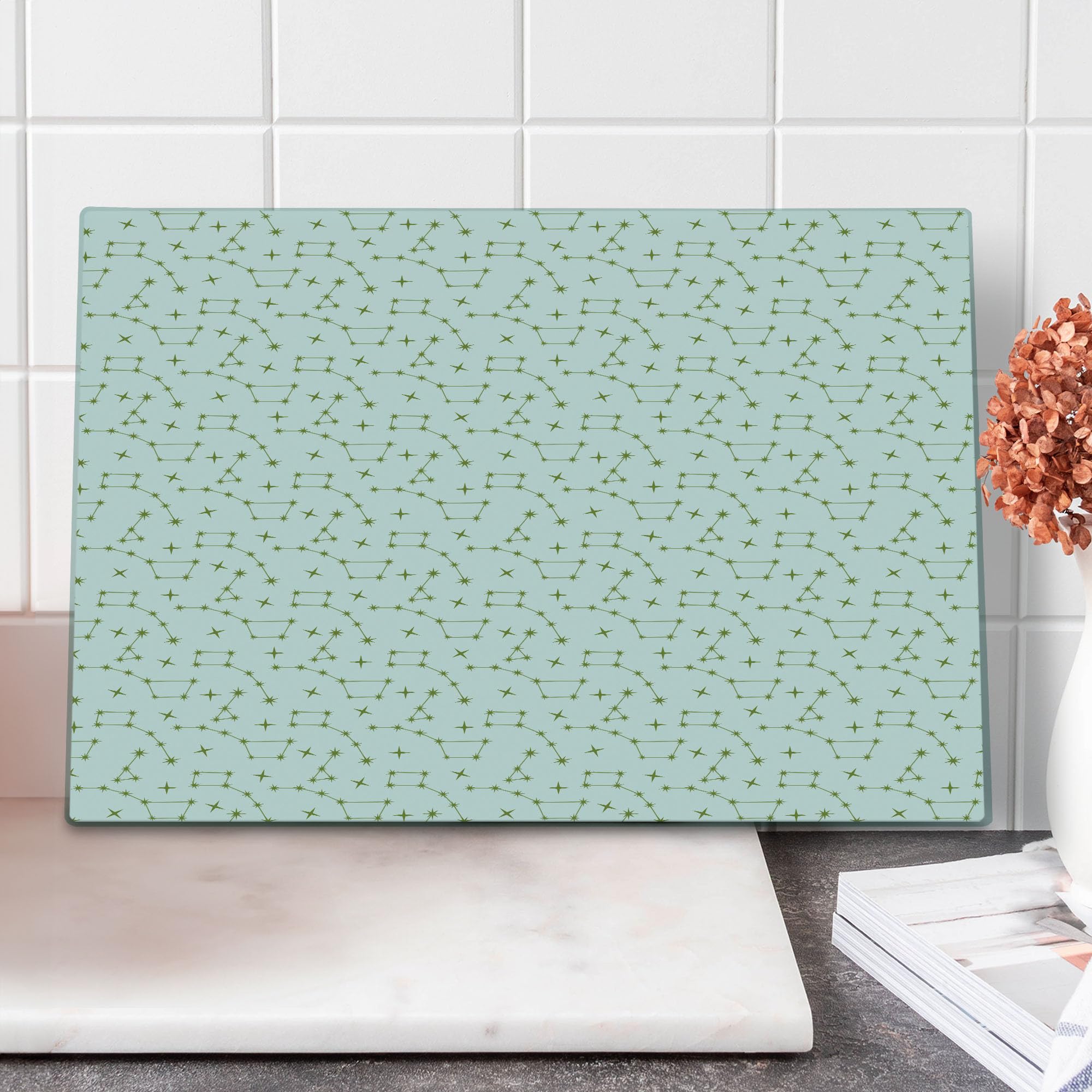 Ambesonne Constellation Tempered Glass Cutting Board - Large Astronomy Themed Serving Board with Stars Pattern, Pale Olive Green & White - Perfect for Kitchen Prep, Charcuterie Display & Home Decor