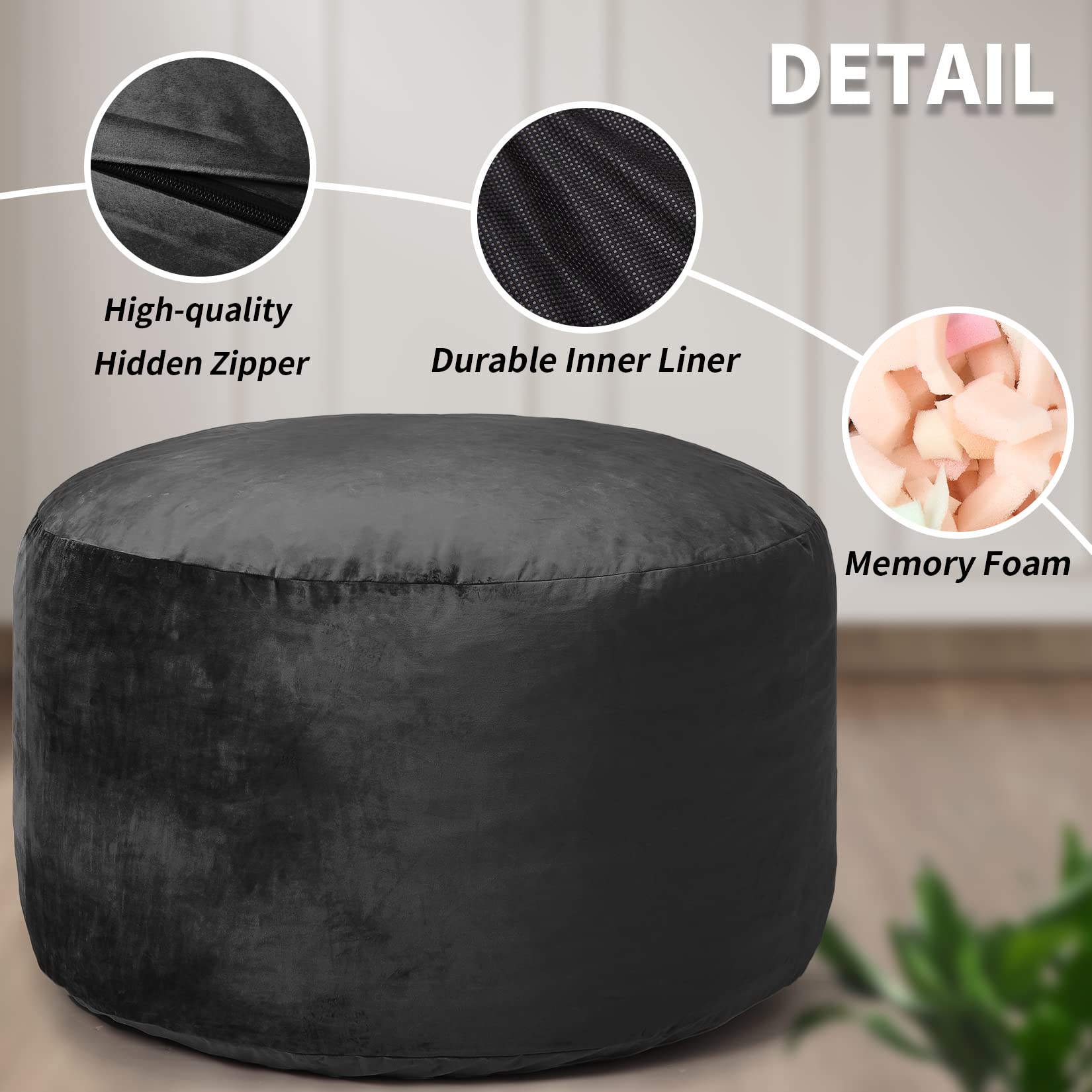 GlowSol Big Huge Giant Bean Bag Chair for Adults - 4FT Memory Foam Stuffed Sofa with Washable Plush Velvet Cover (Solid Black) - Perfect for Living Rooms, Game Rooms & Dorm Lounging