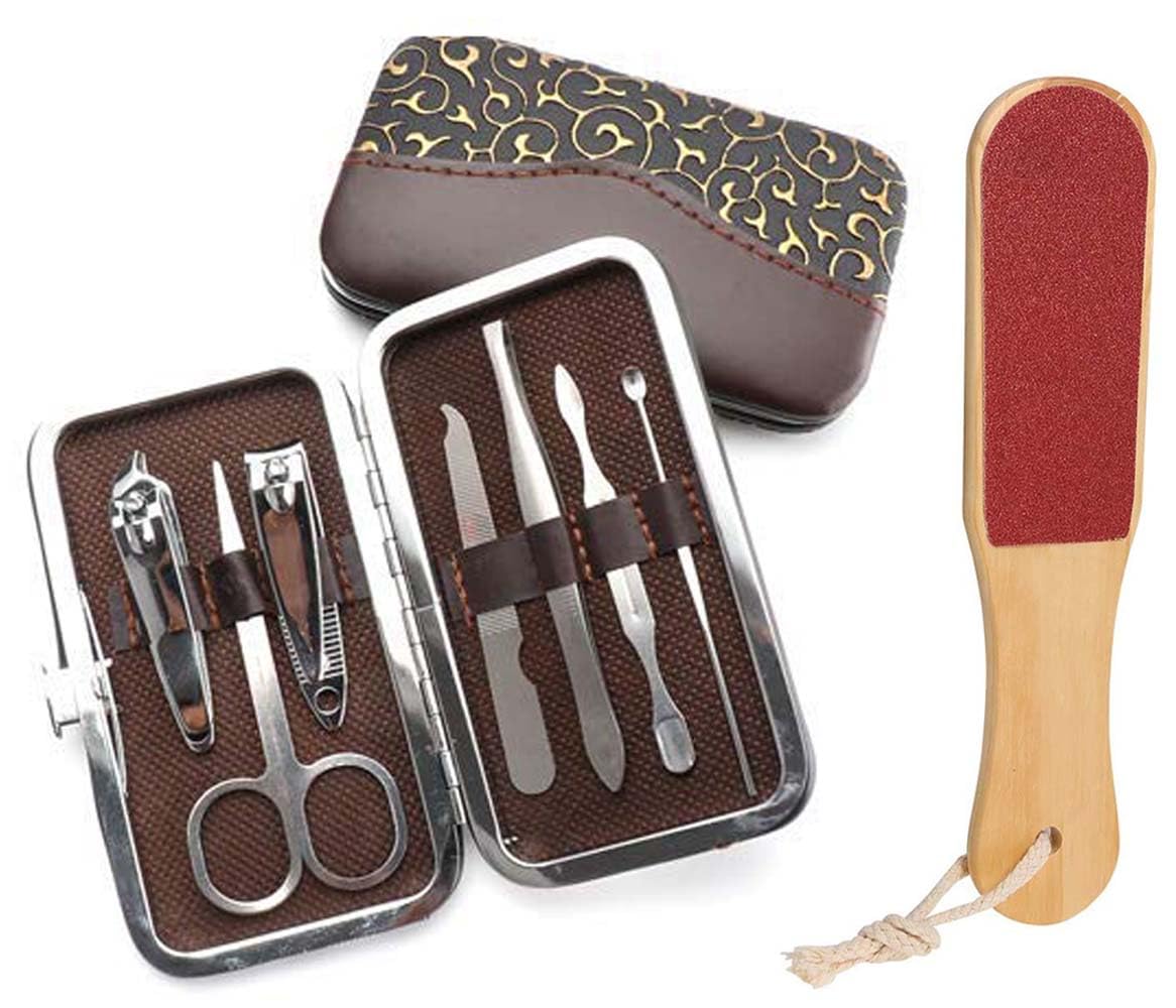 Professional Stainless Steel 7-in-1 Manicure & Pedicure Kit - Nail Clippers, Scissors, Tweezers, Ear Pick, Eyebrow Trimmer, Nail File & Wooden Foot File - Perfect Grooming Set for Men & Women - Ideal for Home Spa, Travel & Gift Giving