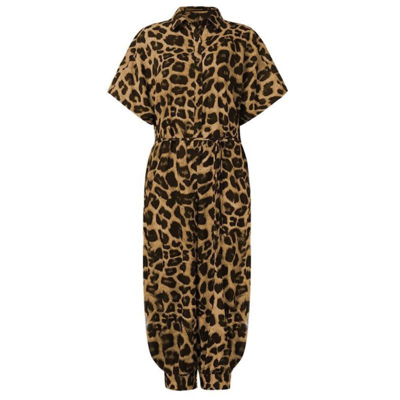 JIAJING Women's Short Sleeve Harem Jumpsuit - Sexy Button Front Leopard Print Loose Romper - XL Size - Perfect for Summer Outfits, Beach Vacations & Casual Wear