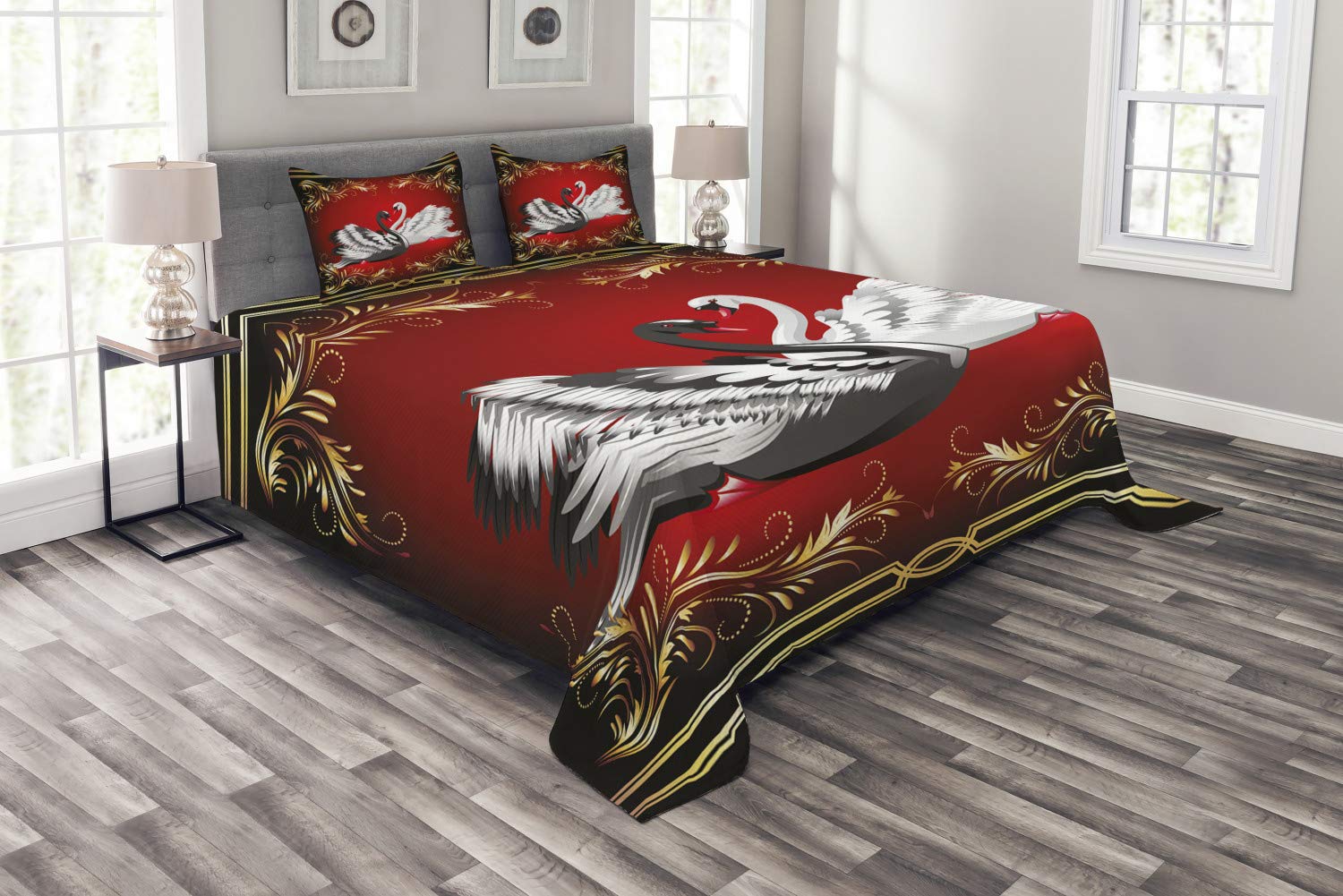 Ambesonne King Size 3-Piece Bedspread Set with 2 Pillow Shams - Black & White Swan Couple Design, Romantic Elegant Bedding for Master Bedroom Decor, Perfect for Valentine's Day Gift & Anniversary Present
