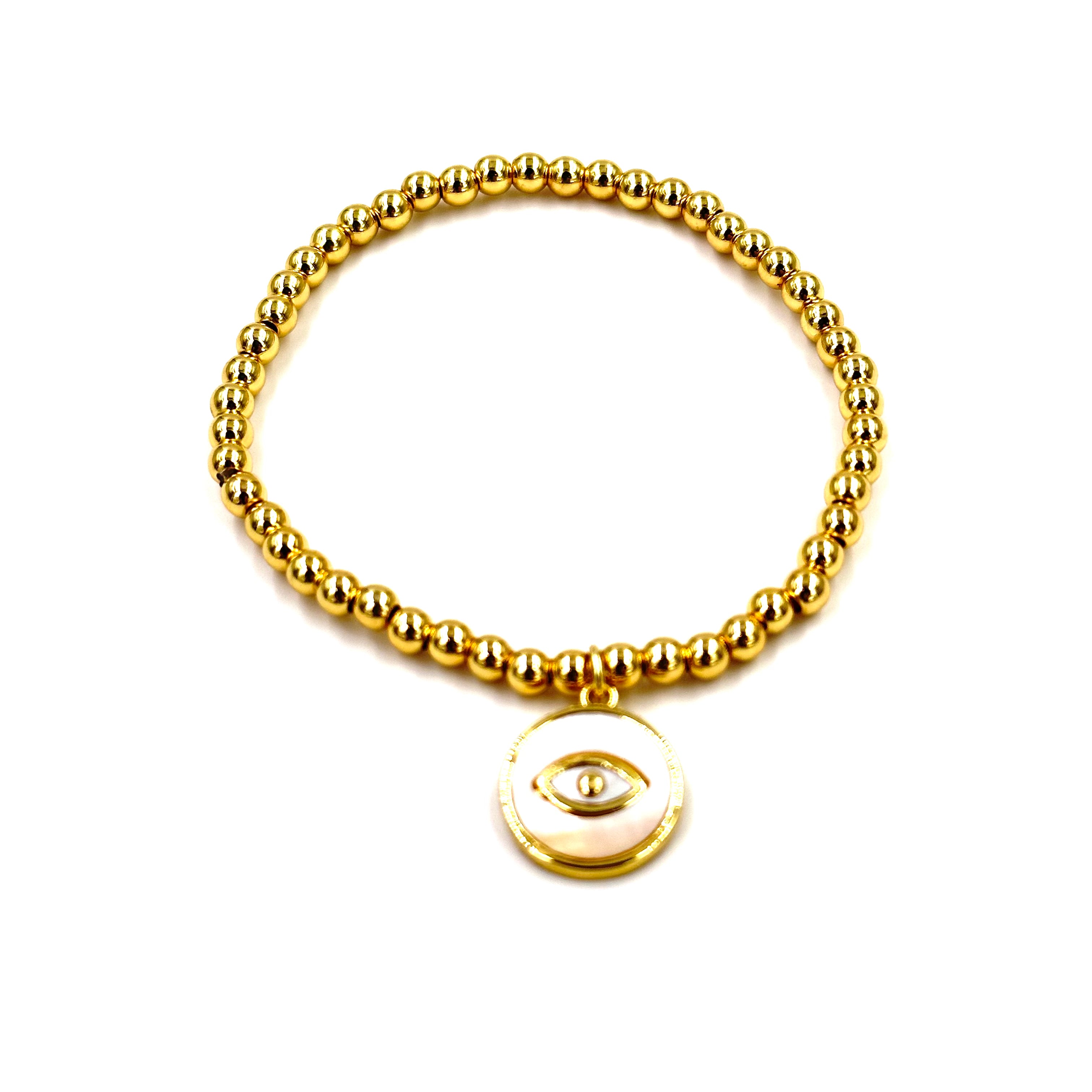 Ashley Gold Stainless Steel Evil Eye Bracelet - 4MM Beaded Stretch Bracelet for Women, Gold Plated Protection Jewelry - Perfect for Everyday Wear, Gift Giving & Spiritual Protection