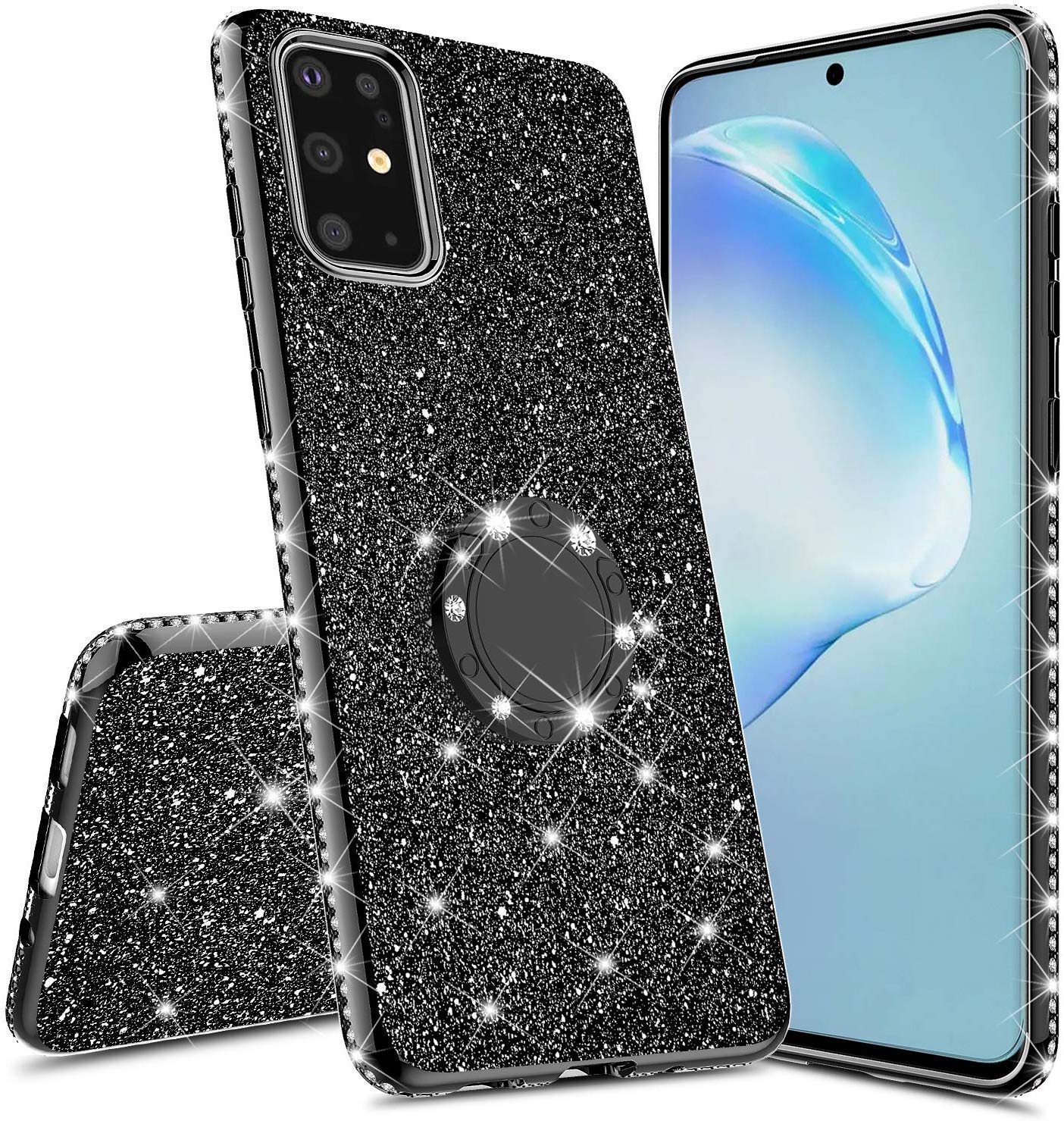 Samsung Galaxy S20 Plus Case - SOGA Glitter Diamond Rhinestone TPU Phone Cover with Ring Stand & Lanyard for Women | Shockproof Protective Case for Everyday Use, Work & Travel (Black)