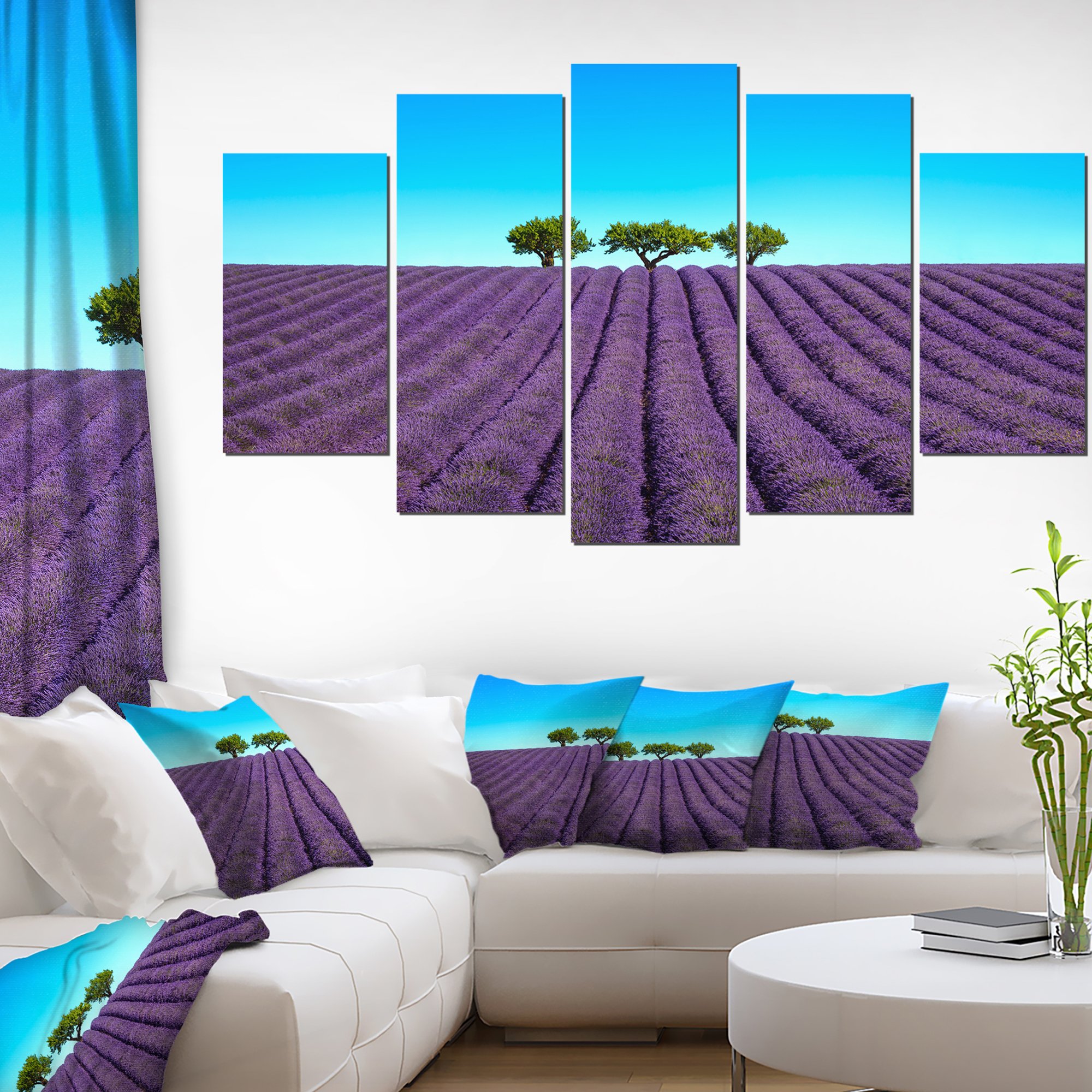 Designart Lavender Flowers & Green Trees Oversized Landscape Wall Art Print - 60x32 Inch 5-Panel Diamond Shape Canvas Painting (PT11390-373) - Perfect for Living Room, Bedroom & Office Decor