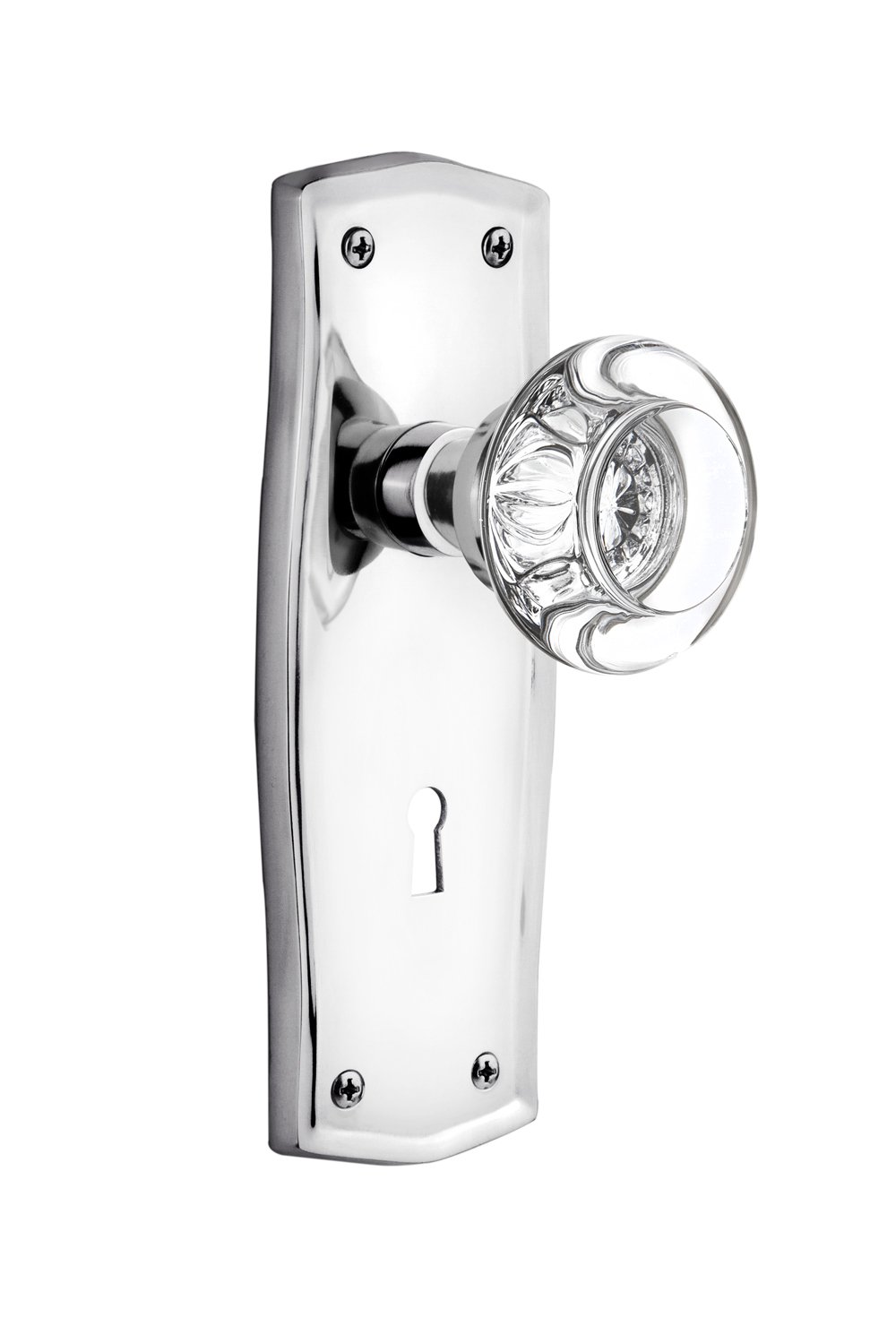 Nostalgic Warehouse Prairie Plate with Keyhole Round Clear Crystal Glass Knob - Bright Chrome Mortise Cabinet Hardware for Vintage Kitchen & Bathroom Decor