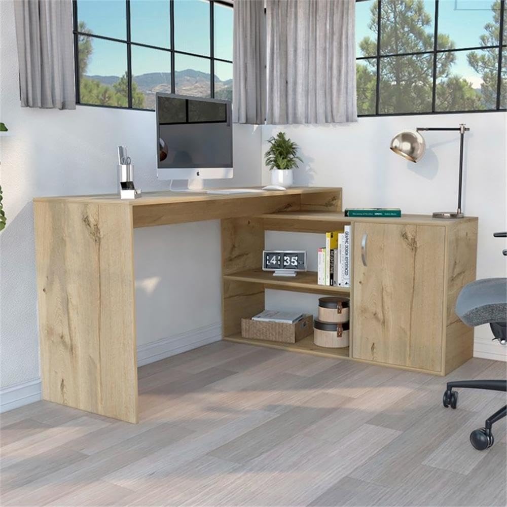 TUHOME Beige L-Shaped Desk - Engineered Wood for Home Office