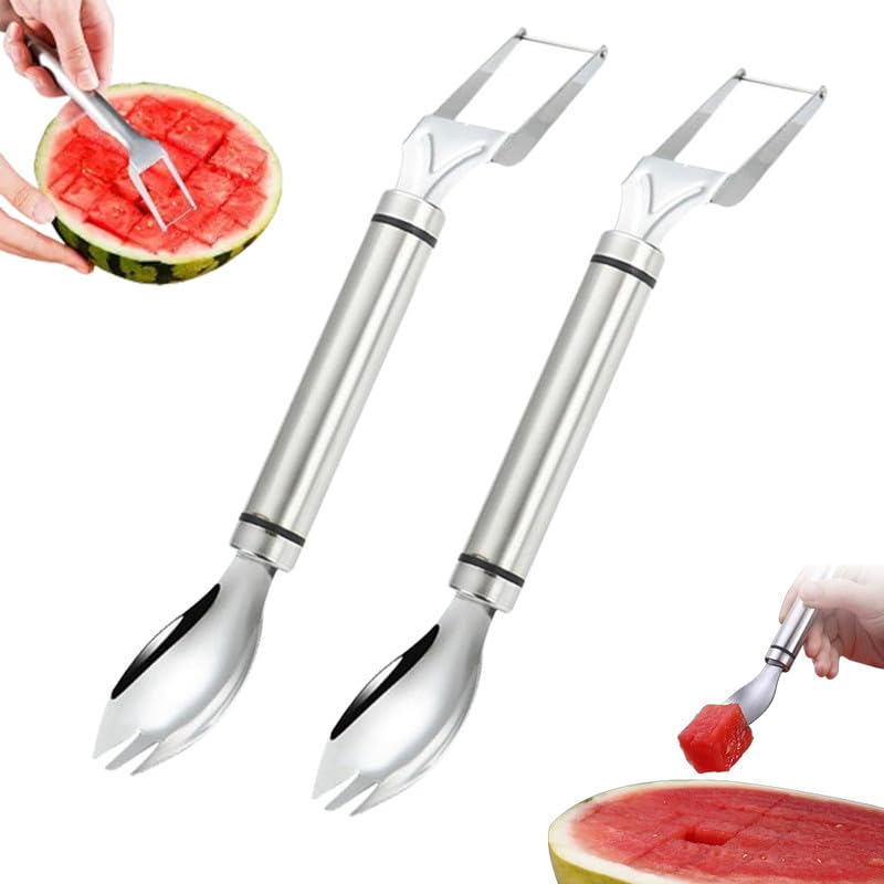 2-in-1 Stainless Steel Fruit Cutter & Watermelon Slicer - Dual Head Kitchen Tool for Watermelons, Pineapples & Melons - Durable Home Kitchen Gadgets (2-Piece Set) - Perfect for Summer BBQs, Picnics & Family Gatherings