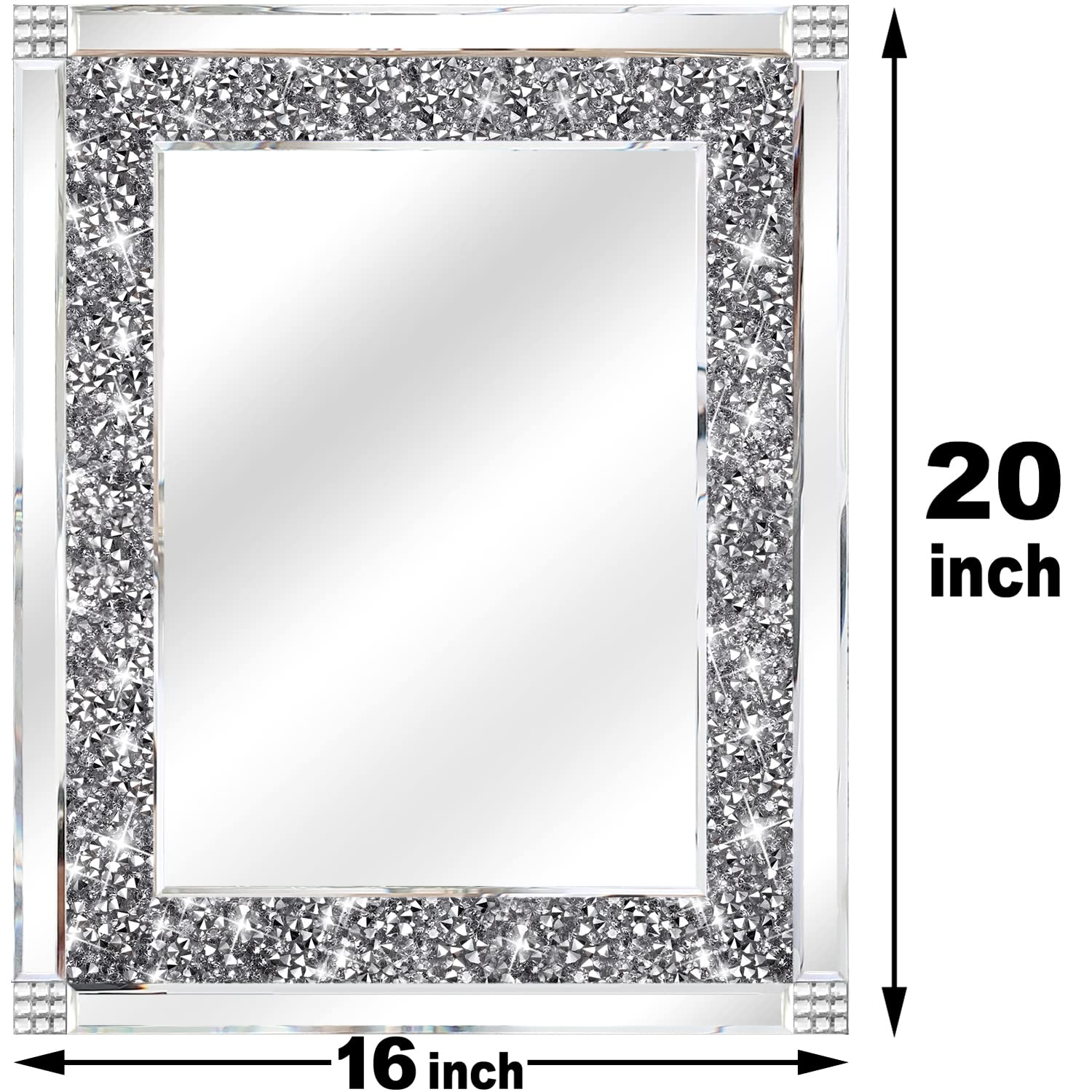 Sparkling Crystal Rhinestone Diamond Wall Mirror - Handcrafted Glass Mirror for Hallway, Bathroom & Bedroom Decor (16
