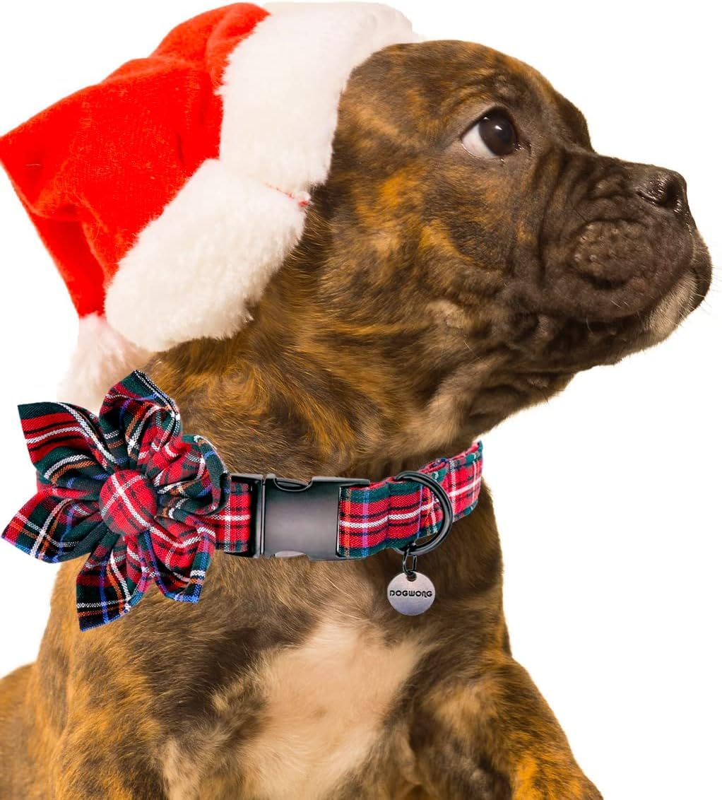 **Christmas Red Plaid Dog Collar with Flower – Adjustable Pet Collar for Small, Medium & Large Dogs – Perfect for Holidays, Photos & Daily Walks**