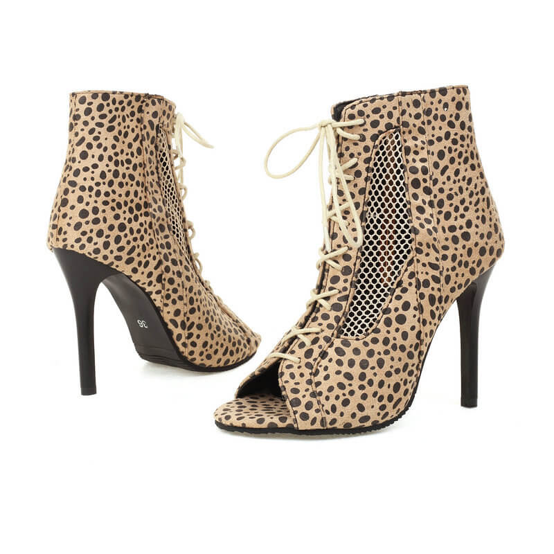 Leopard Print Hollow Stiletto Lace Up Dance Shoes for Women - Latin Ballroom Salsa Tango Performance & Competition