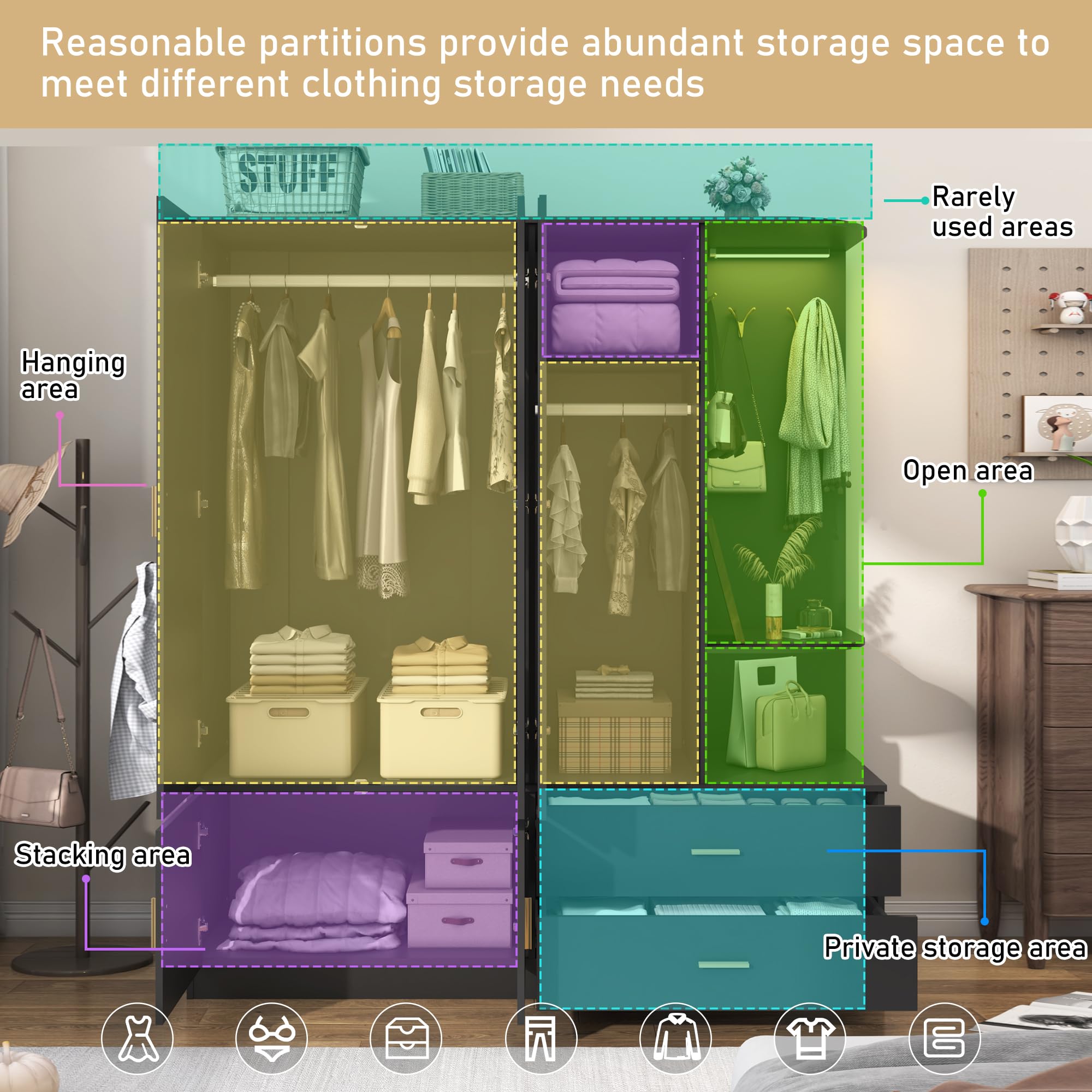 Modern XVD 5-Door Armoire Wardrobe Closet with Mirror, Sensor Light & Storage - Large Wooden Bedroom Closet with 2 Drawers, Shelves, 4 Hooks & 2 Hanging Rods - Perfect for Bedroom, Guest Room or Walk-in Closet Organization (Black)