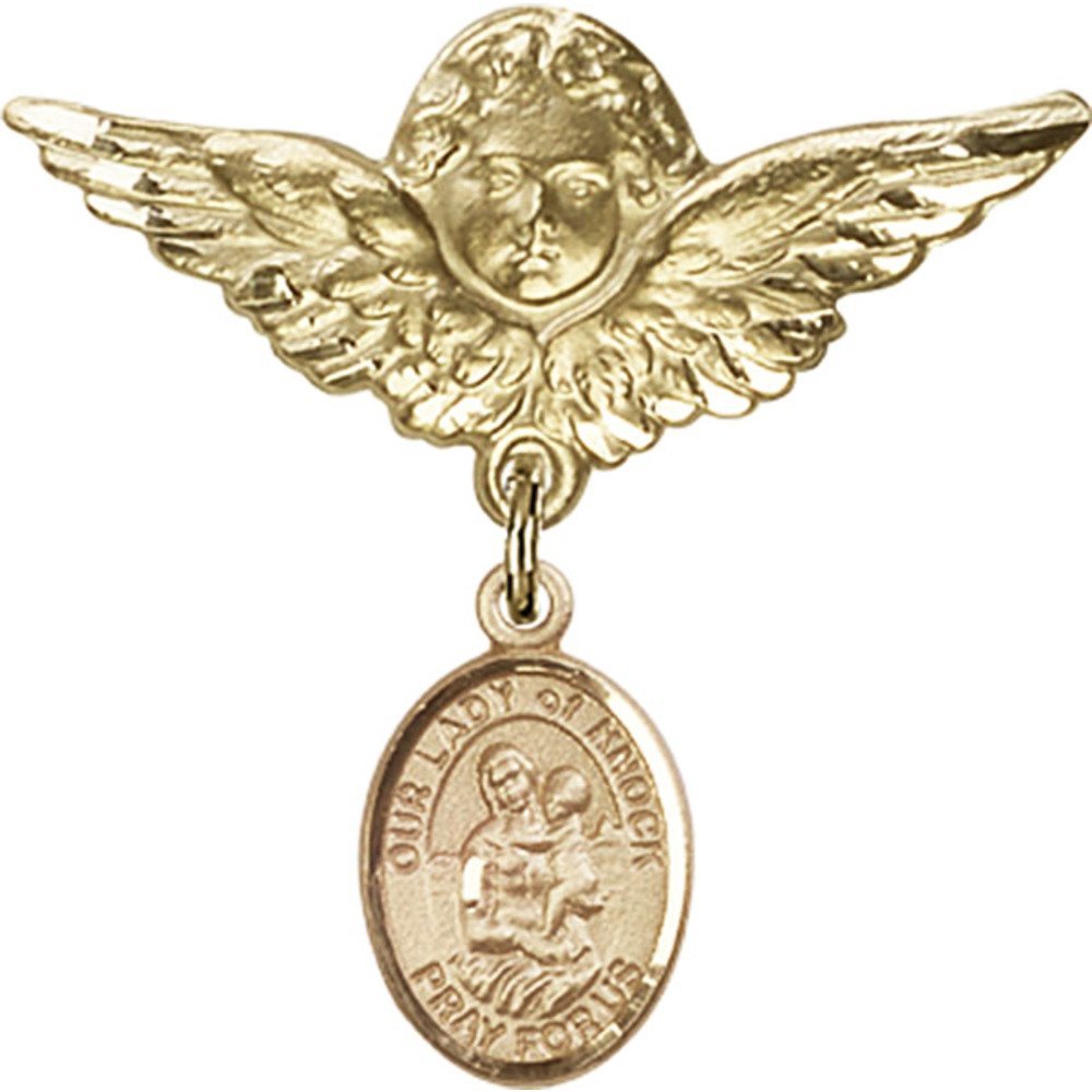 Gold Filled Baby Badge Pin with Our Lady of Knock Charm & Angel Wing Charm - 1 1/8 X 1 1/8 Inch Religious Jewelry - Perfect for Baptism Gifts, First Communion & Baby Blessings