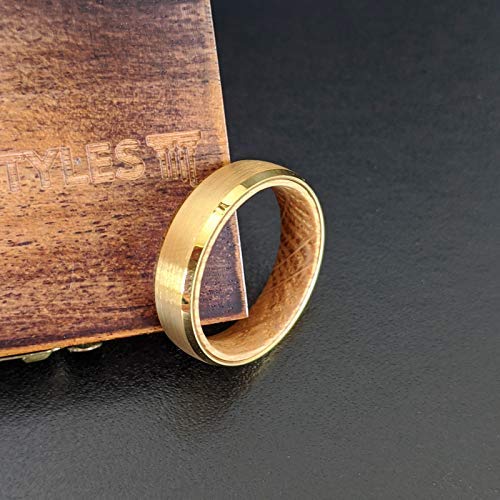 14K Gold Whiskey Barrel Ring - Men's Tungsten Wedding Band for Anniversary Gifts - Bourbon Wood Design for Couples