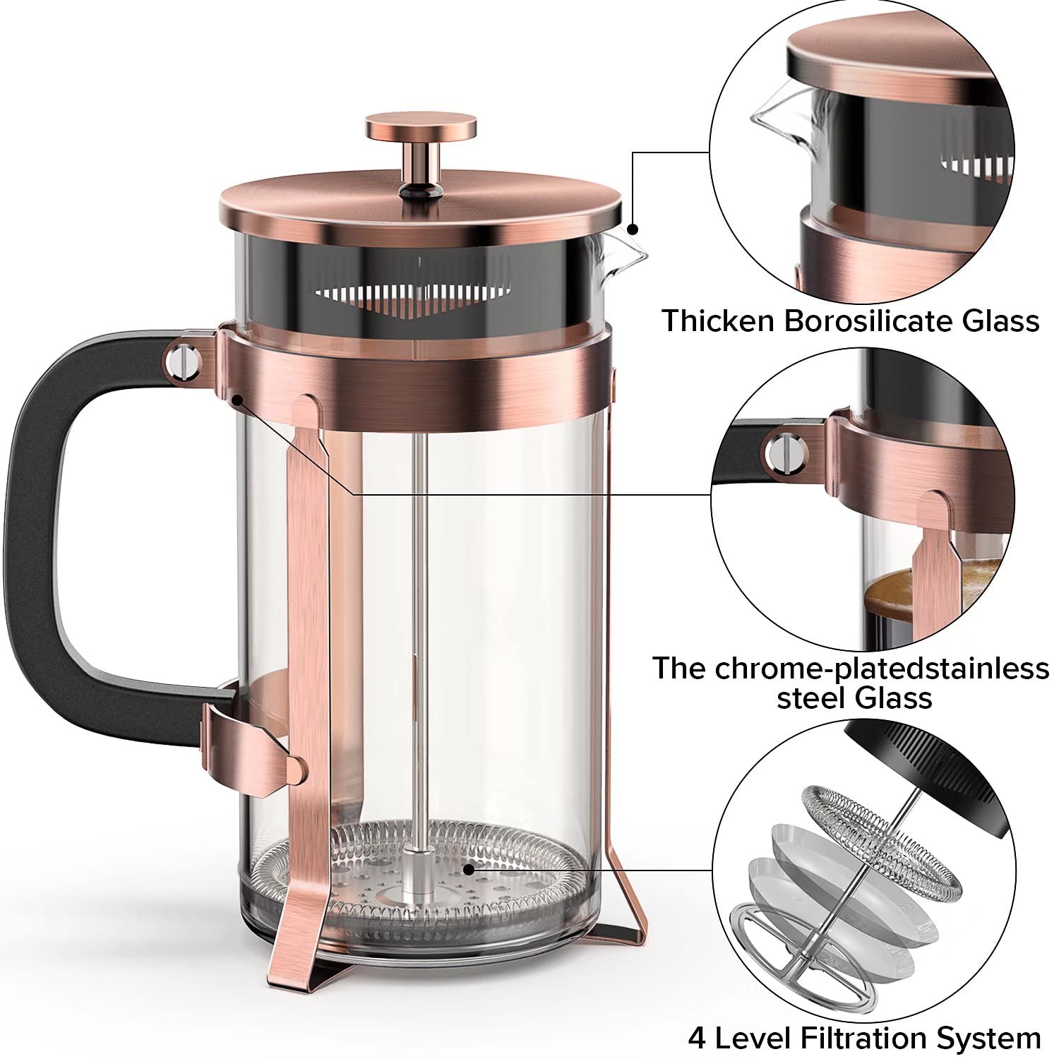 QUQIYSO 34oz French Press Coffee Maker - 304 Stainless Steel with 4 Filters, Heat Resistant & Durable, Easy to Clean, Borosilicate Glass, BPA Free - Perfect for Home, Office, Camping & Gifts (Copper)