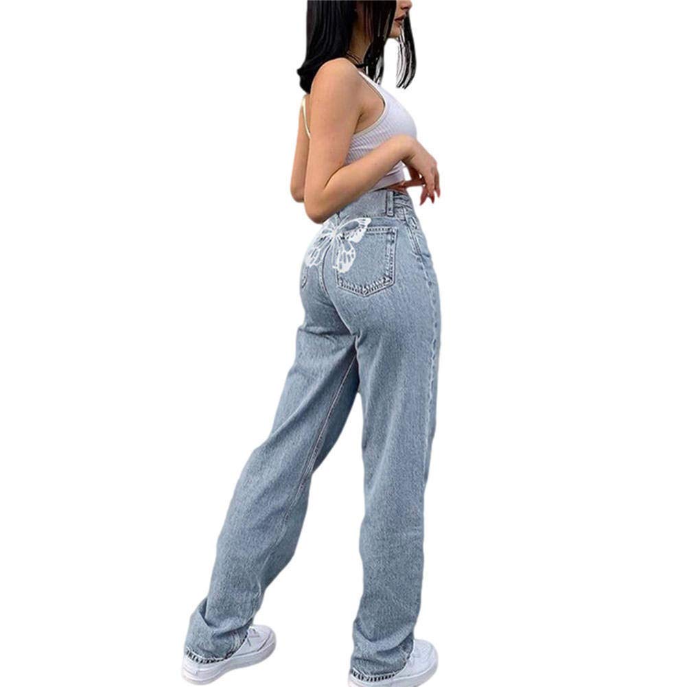 Women's High Waist Straight Jeans with Butterfly Print - Y2K Baggy Streetwear Pants for Casual Outfits & Retro Fashion (Light Blue, Small) - Perfect for Daily Wear, Parties & Street Style