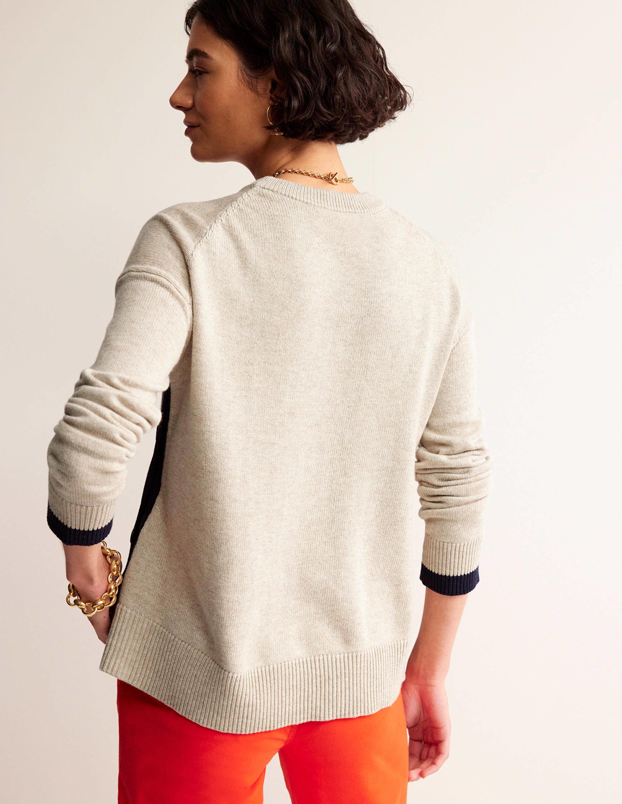 Alma Contrast Trim Sweater in Chinchilla Melange & Navy | Women's Fashion Knitwear for Casual Wear & Office Outfits