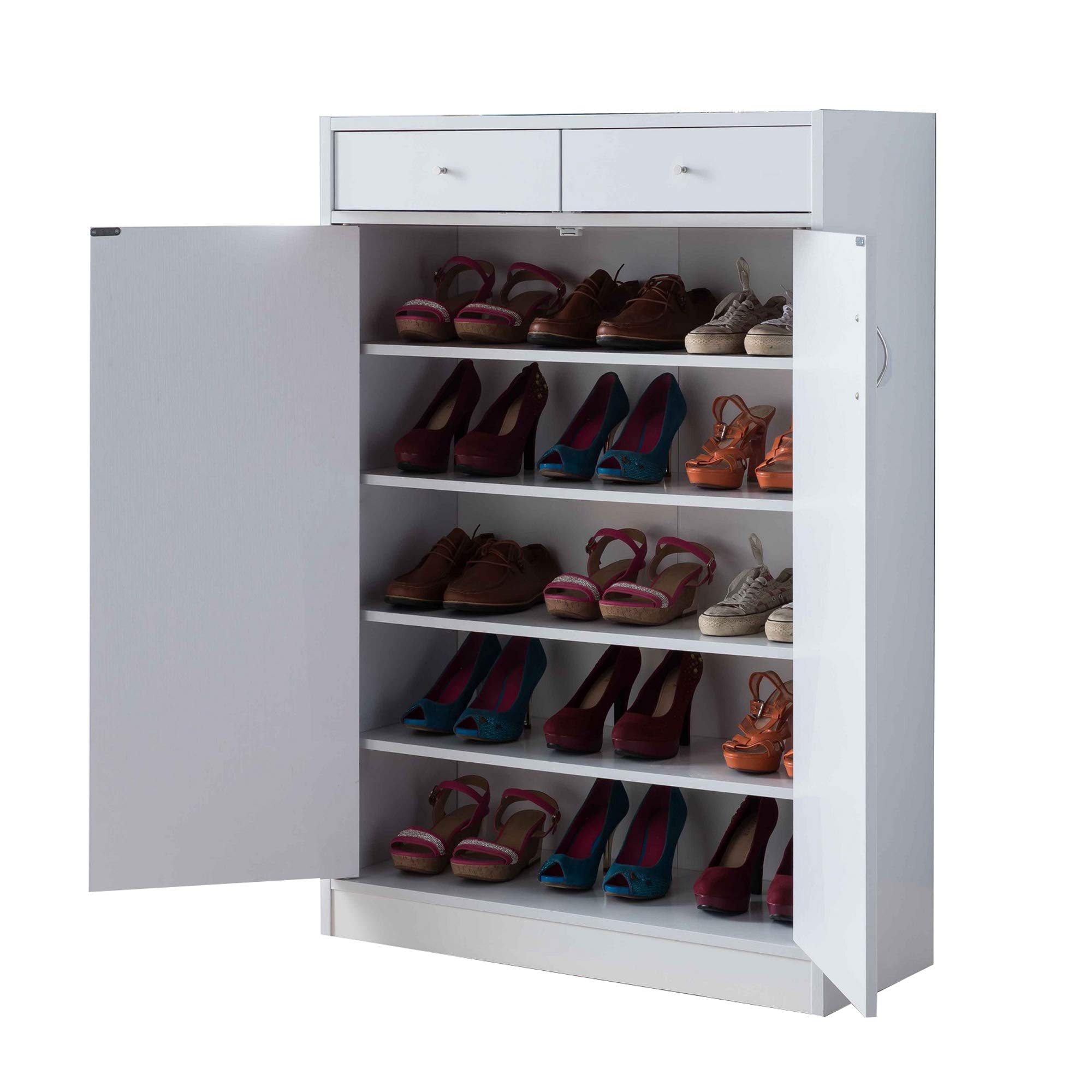Benjara 47 Inch White Wooden Shoe Cabinet with 2 Doors - Space Saving Entryway Storage Organizer for Hallway, Closet & Mudroom