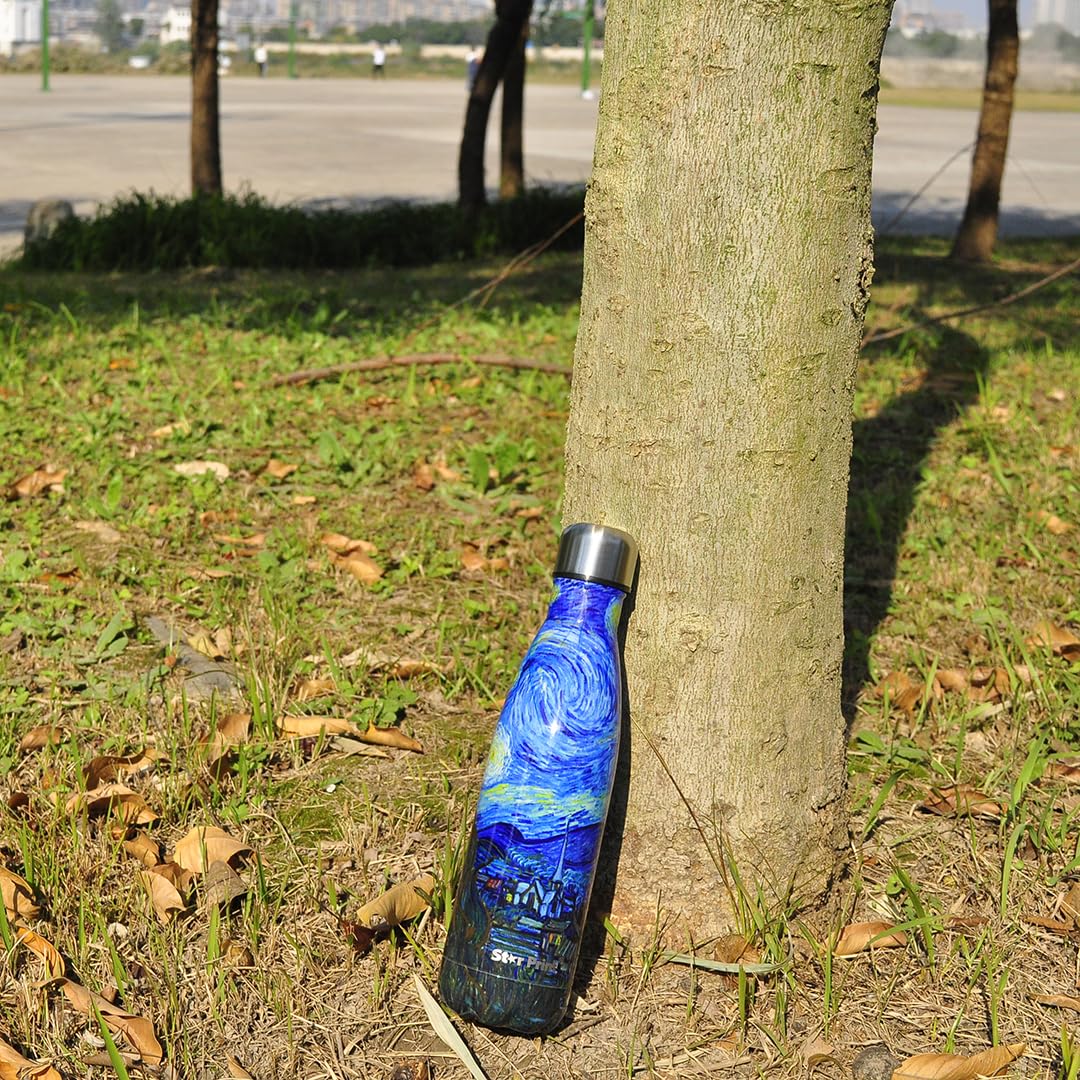 Van Gogh The Starry Night Stainless Steel Water Bottle - 17oz Double Wall Vacuum Insulated Tumbler with Star Print - Perfect for Travel, Office & Outdoor Activities