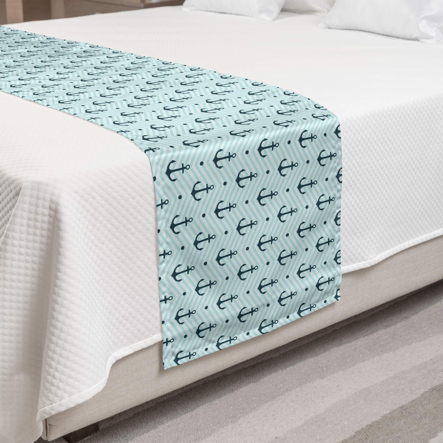 Ambesonne Anchor Bed Runner - Abstract Waves Monochrome Chevron Design, Decorative Bed Scarf for Home, Hotel & Guest Room Decor - Dark Green Turquoise | Perfect for Coastal, Nautical & Beach-Themed Bedrooms