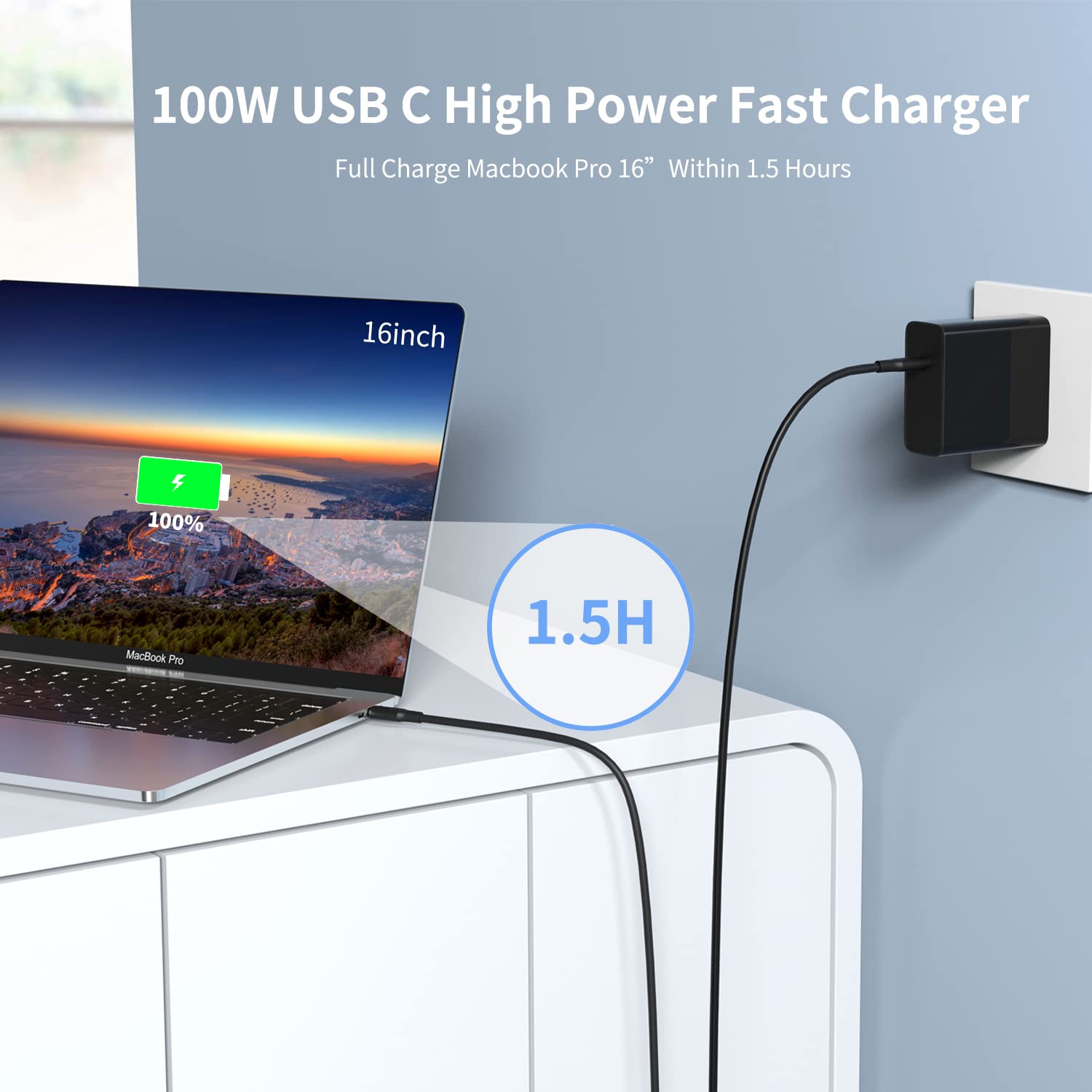 Huntkey 100W GaN Fast USB C Wall Charger with 6.6ft USB C to C Cable - Compatible with MacBook Pro/Air, iPhone 14/Pro/Max, iPad Pro, Galaxy S22/S20, Google Pixelbook, Dell XPS, ThinkPad - Perfect for Travel, Office & Home Charging