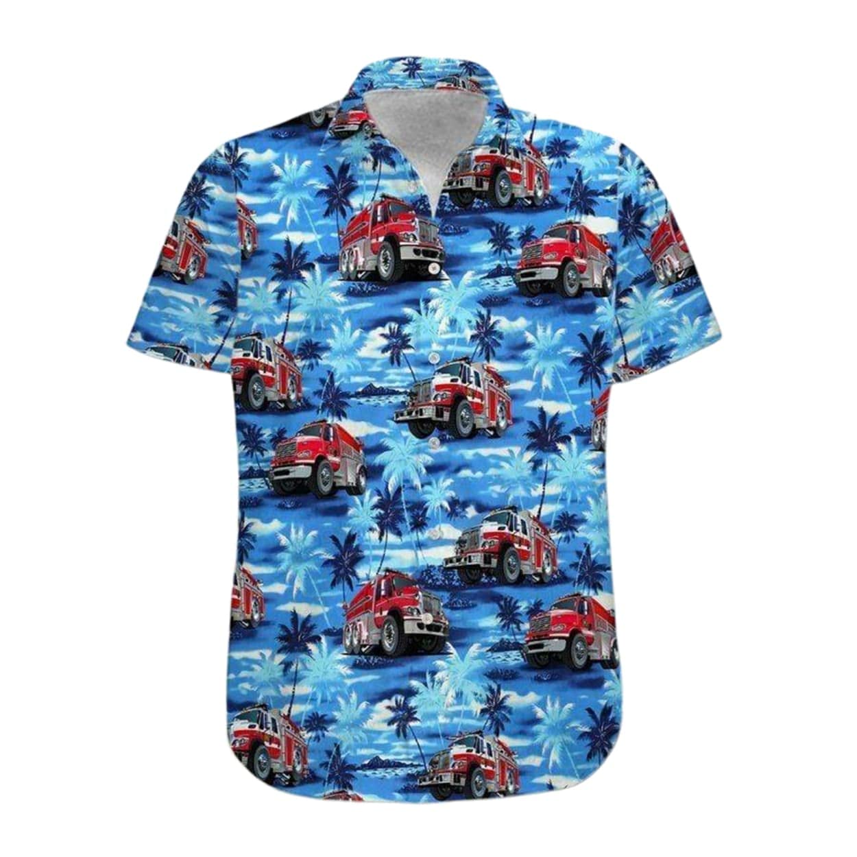 Men's Hawaiian Shirt - Fire Truck Firefighter Blue Palm Tree Short Sleeve Button Down Beach Shirt | Summer Casual Wear for Men | Perfect Gift for Dad & Boyfriend | Ideal for Vacations, Luaus & Summer Parties