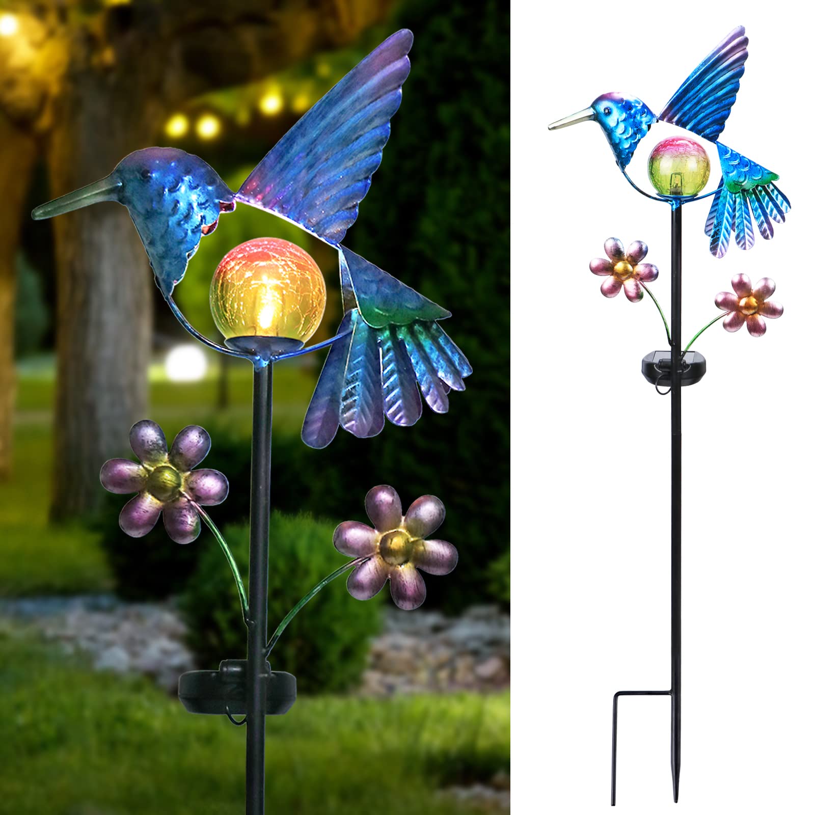 Solar Hummingbird Garden Stake Lights - Waterproof Outdoor LED Pathway Lights with Warm Crackled Glass Globe for Walkway, Yard, Lawn & Patio | Solar-Powered Landscape Lighting for Gardens, Driveways & Backyard Decor