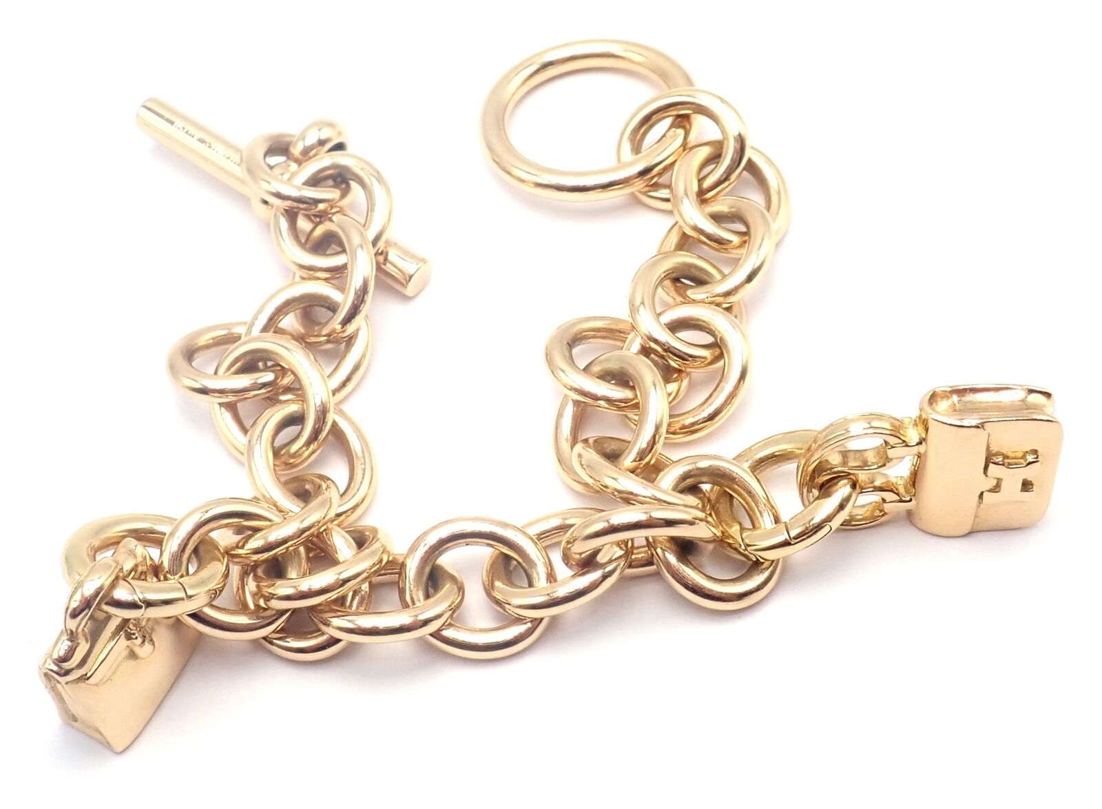 Authentic Hermes 18k Yellow Gold Heavy Link Toggle Bracelet with Two Charms - Luxury Jewelry for Women, Perfect for Gifts, Parties & Special Occasions