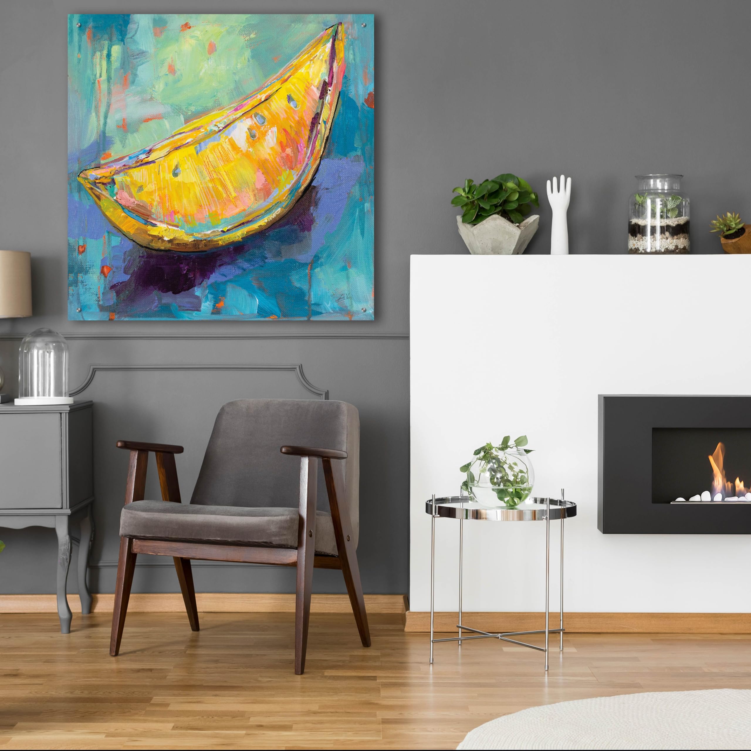 Epic Art 'Lemon Wedge' by Jeanette Vertentes - 36x36 Inch Acrylic Glass Wall Decor - Modern Kitchen & Dining Room Artwork - Vibrant Fruit Painting for Contemporary Home Decor