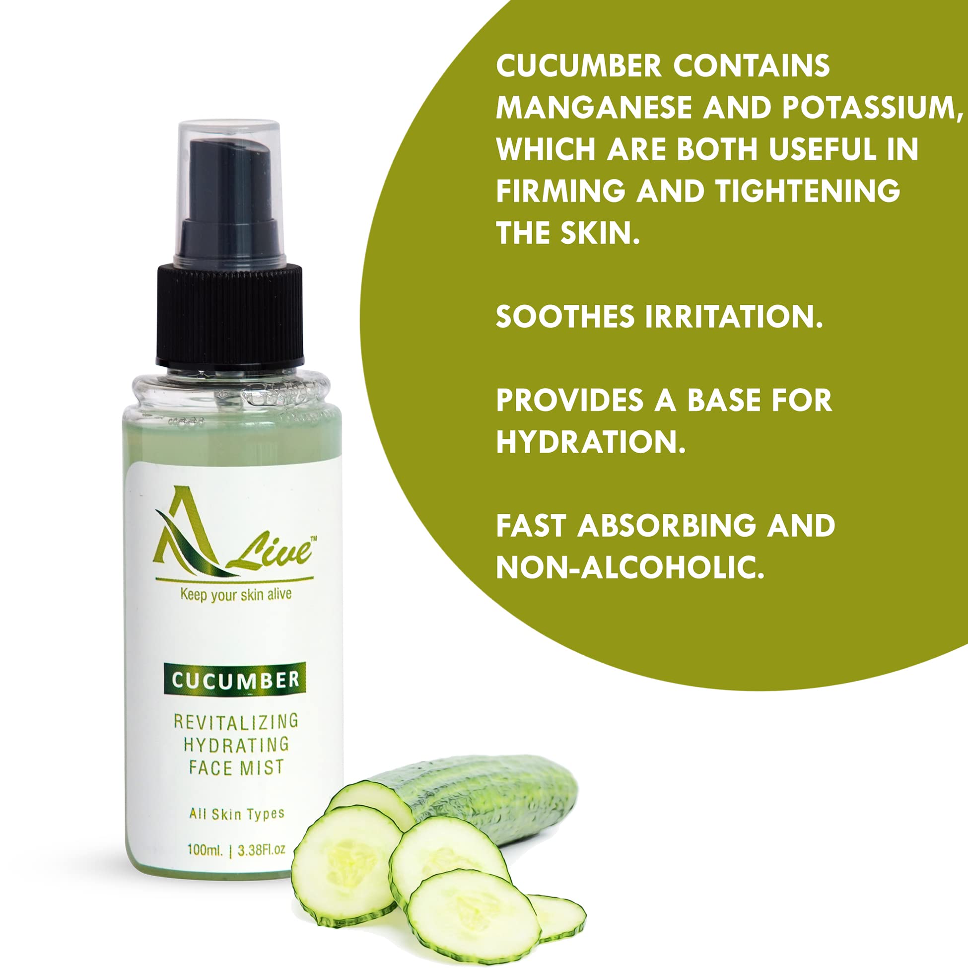 ALIVE HEALTH & BEAUTY Cucumber Revitalizing Hydrating Face Mist - 3.4 Fl Oz (100ml) | Refreshing Facial Spray for Dry Skin, Makeup Setting & On-the-Go Hydration | Travel Size, Vegan & Cruelty-Free