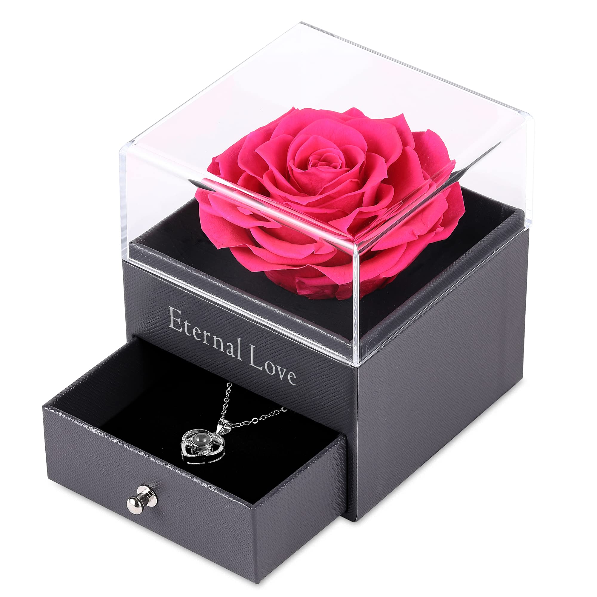 Tiaronics Preserved Rose Drawer with 'Love You' Necklace - 100 Languages Necklace for Women, Handmade Fresh Rose Jewelry - Romantic Birthday Gift for Her, Valentine's Day & Mother's Day Present - Perfect for Anniversaries, Proposals and Special Occasions