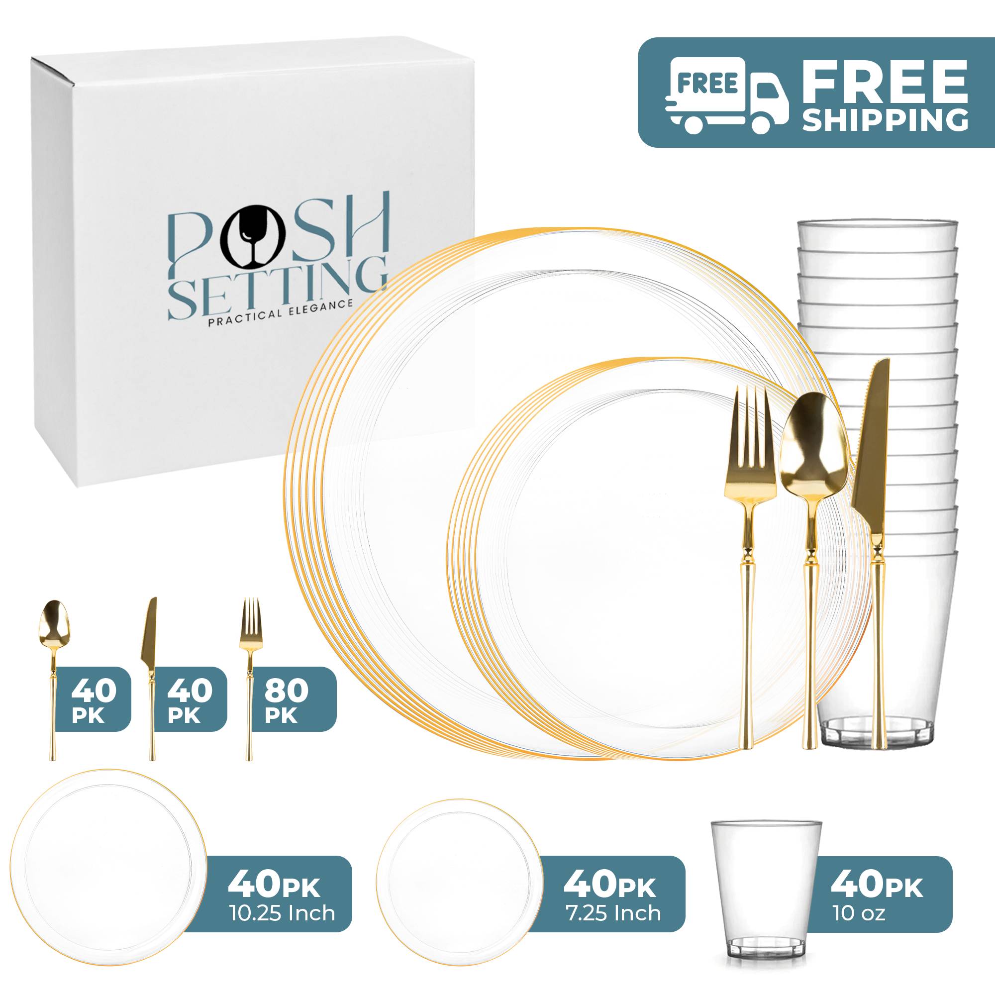 Premium Clear & Gold Plastic Party Bundle - Elegant Disposable Tableware Set for Weddings, Birthdays & Special Events