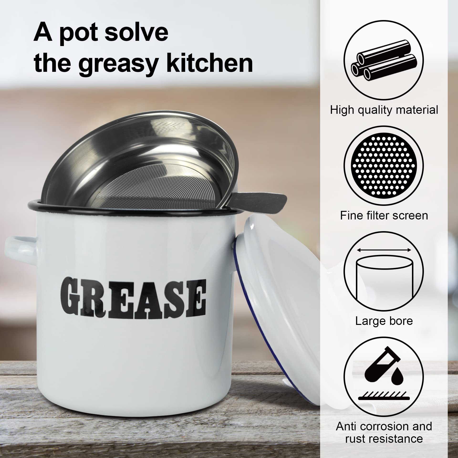 1.5L White Enamel Bacon Grease Container with Strainer - Farmhouse Kitchen Oil Storage Jar - Perfect for Collecting & Storing Cooking Oil, Bacon Drippings - Ideal for Farmhouse Decor & Home Cooking