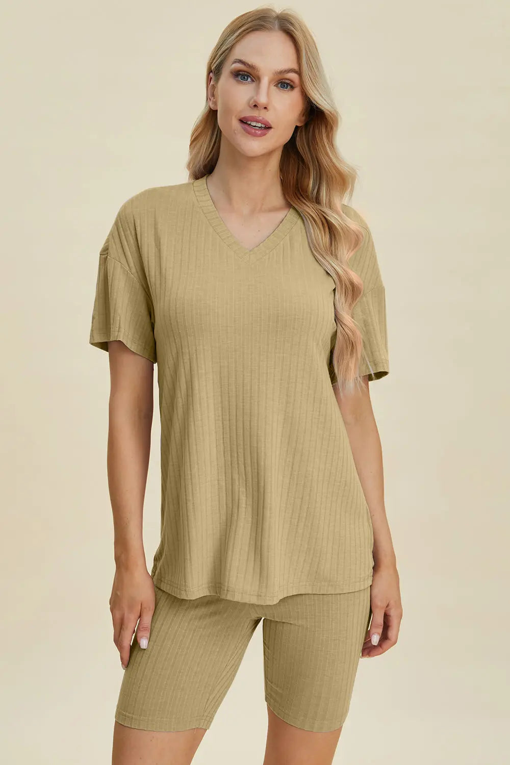 Basic Bae Full Size Ribbed V Neck Short Sleeve Top and Shorts Set - Women's Casual Summer Outfit for Beach, Lounge & Everyday Wear