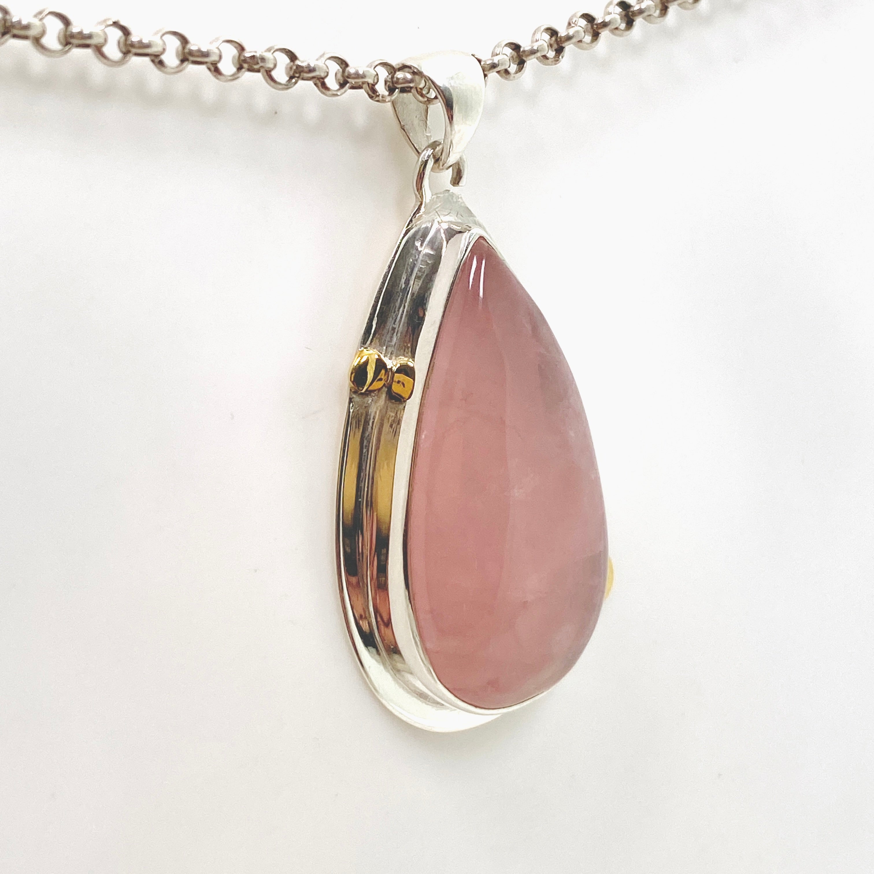 Rose Quartz Teardrop Cabochon Pendant Necklace with Decorative Sterling Silver Setting KPGJ4687 - Perfect for Meditation, Healing & Spiritual Jewelry Gifts