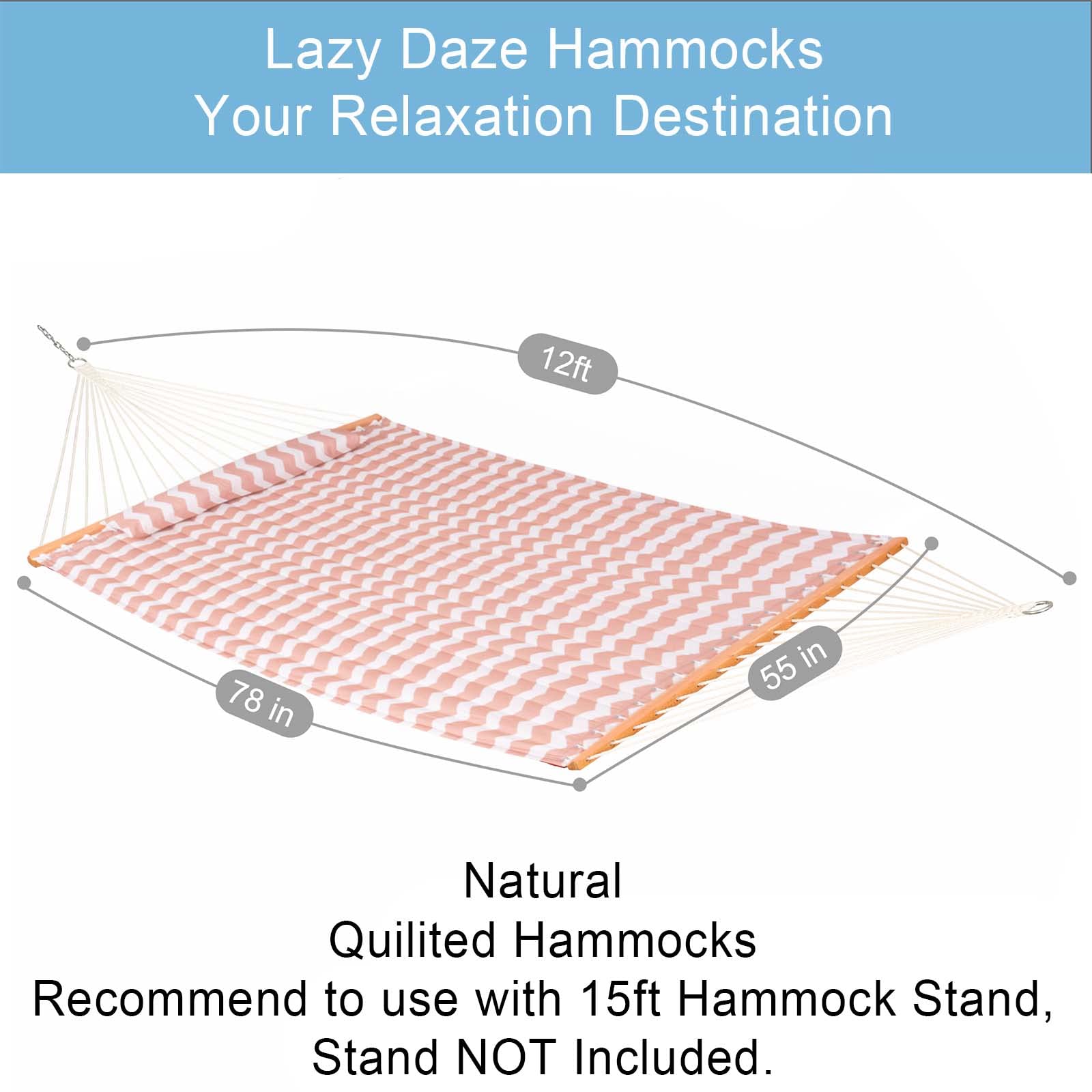 12 FT Quilted Double Hammock with Spreader Bar & Pillow - 2-Person Outdoor Hammock with Chains for Patio, Poolside, Backyard & Beach - 450 lbs Capacity Beige Wave - Perfect for Relaxing, Lounging & Napping in Your Garden or Vacation