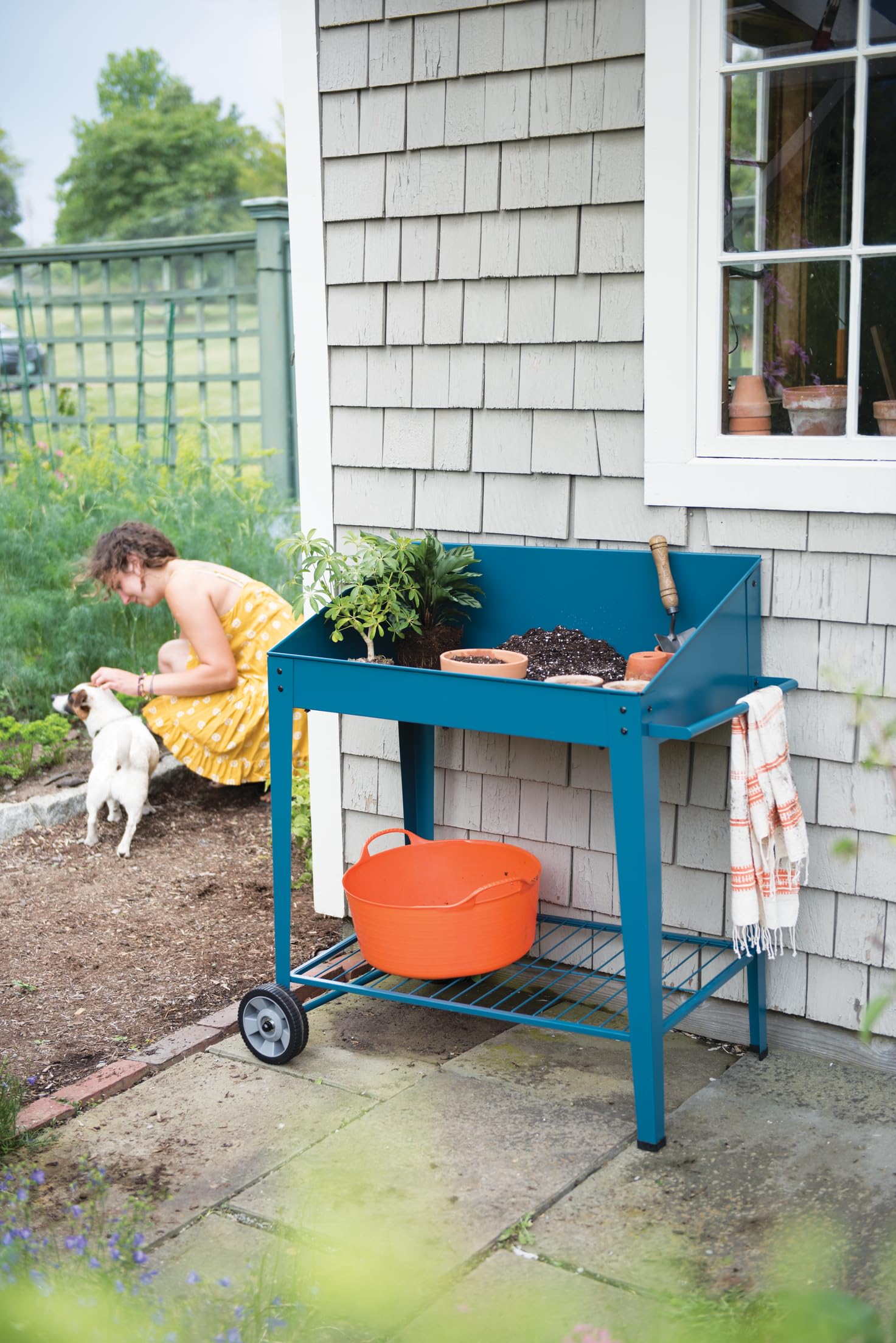 Heavy Duty Metal Potting Bench with Wheels - Outdoor Garden Work Table for Seed Starting, Planting & Transplanting | Portable Workstation with Side Metal Walls | Perfect for Backyard Gardening, Greenhouse & DIY Projects