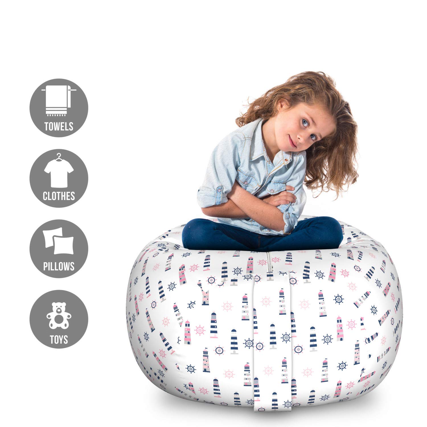 Ambesonne Nautical Toy Storage Bag Chair - Ocean Themed Organizer with Steering Wheel & Lighthouse Design, Washable Large Stuffed Animal Holder in Pastel Pink Pearl Indigo | Perfect for Kids' Room, Playroom & Beach Themed Decor