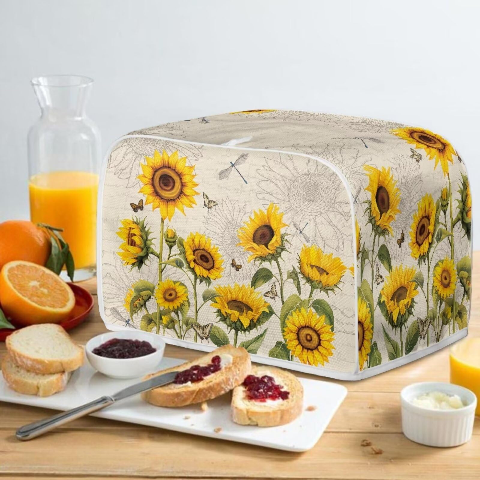 4-Slice Toaster Cover & Bread Machine Cover with Handle - Universal Kitchen Appliance Dust Cover - Stain Resistant, Sunflower Dragonfly Retro Design - Perfect for Countertop Protection & Small Appliance Storage