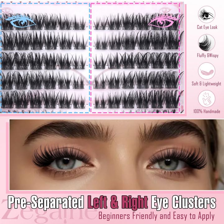 5D Fluffy Cat Eye Lashes Clusters Kit - Wispy Fox Eye Faux Mink Eyelash Extensions (11 Pairs, 8-16mm) with Lash Glue, Tweezers & Brushes - Perfect for DIY Lash Extensions, Special Occasions & Glamorous Makeup Looks